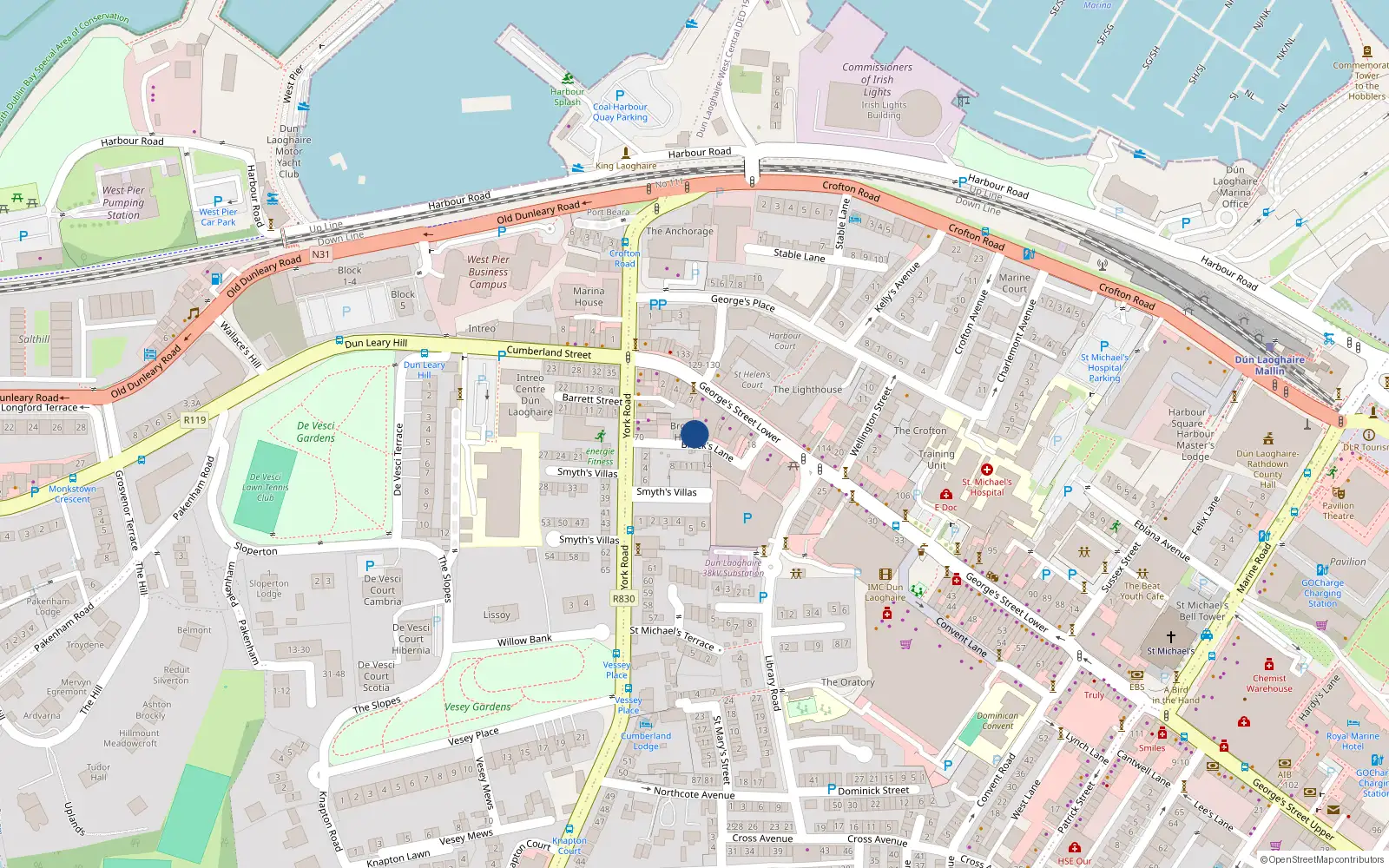 Overhead map showing the location of 1 Brock's Lane, Dun Laoghaire