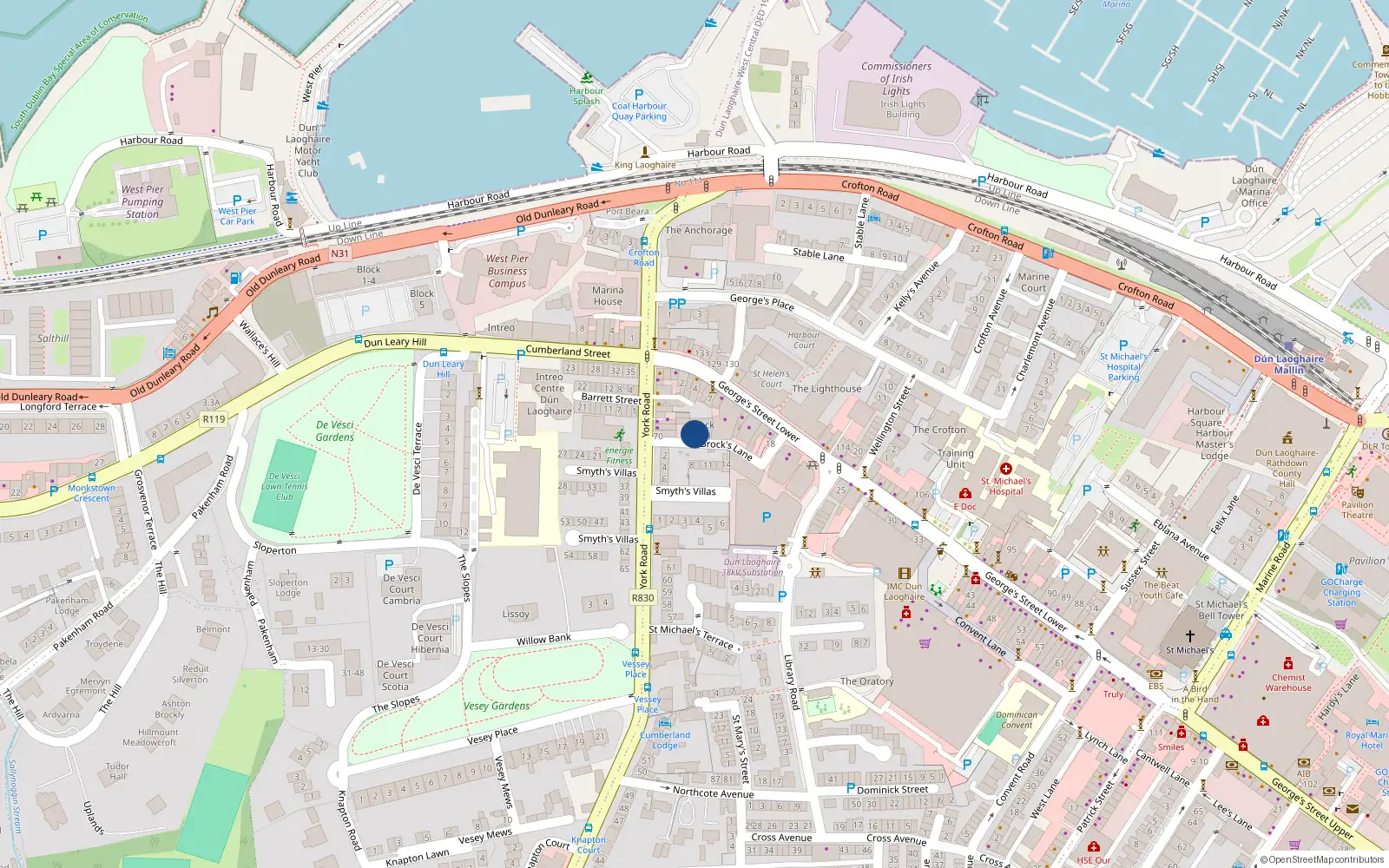 Overhead map showing the location of 1 Brock Hall, Brock'slane, Dun Laoghaire