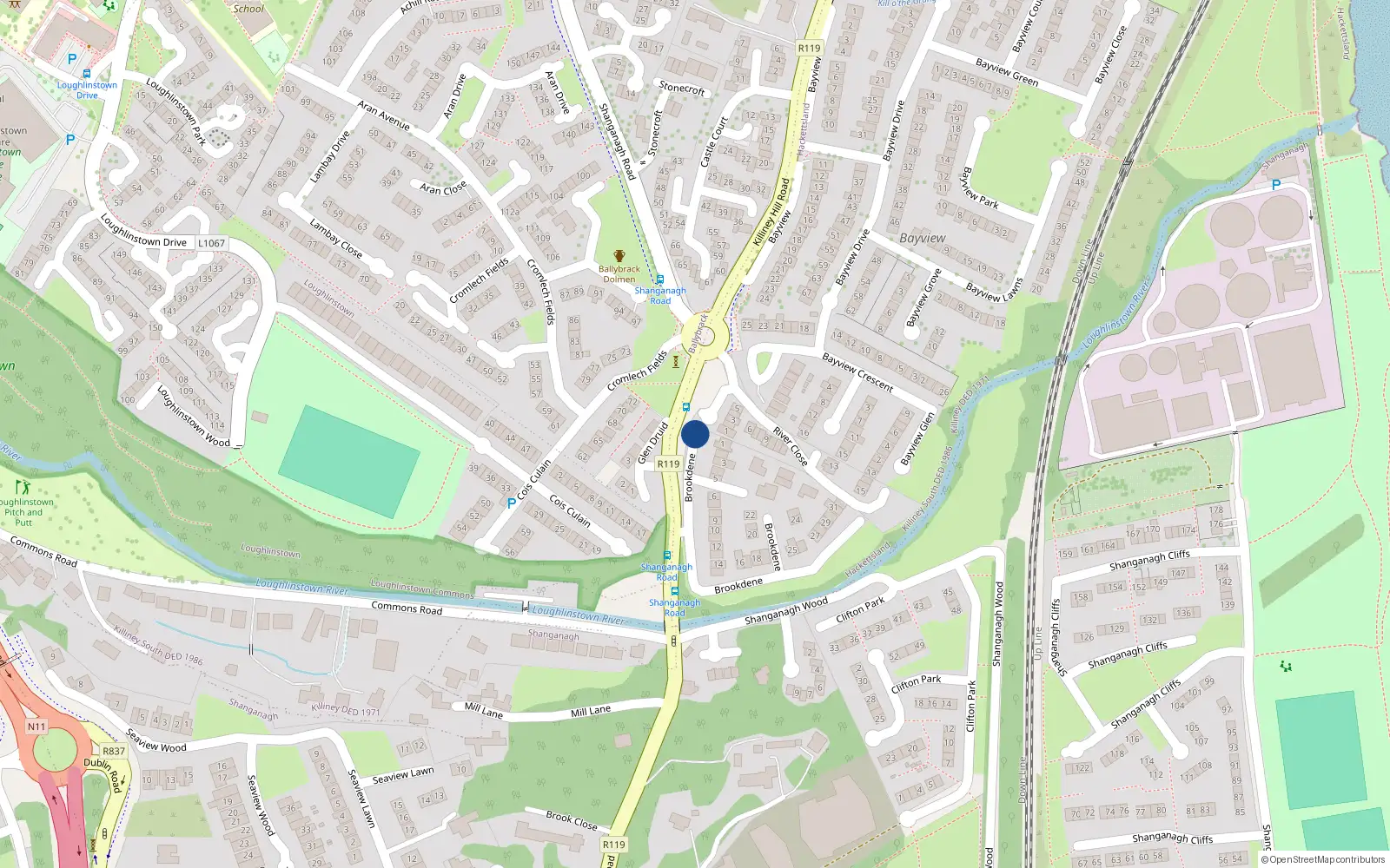 Overhead map showing the location of 1 Brookdene, Shankill