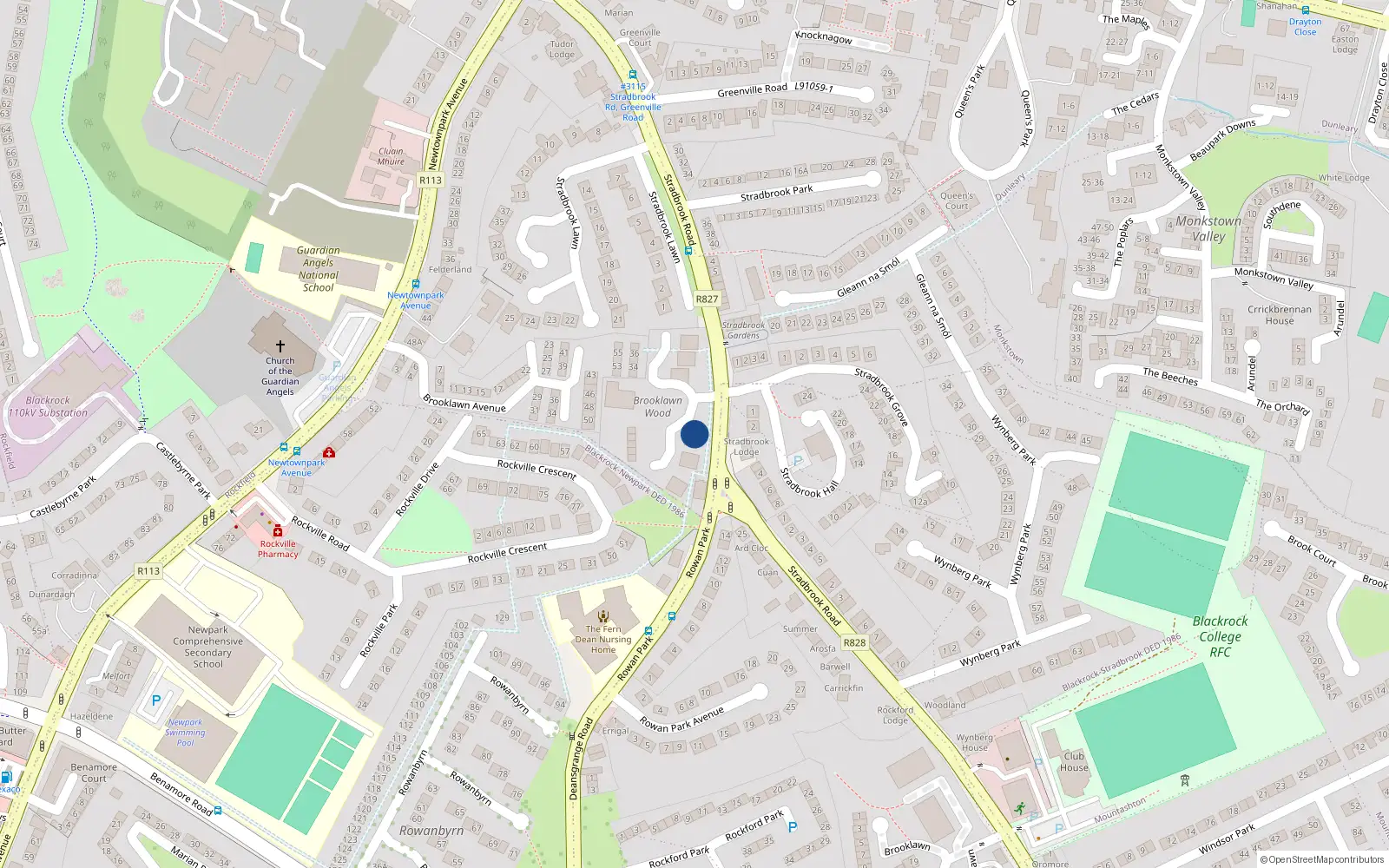 Overhead map showing the location of 1 Brooklawn Wood, Blackrock, Dublin
