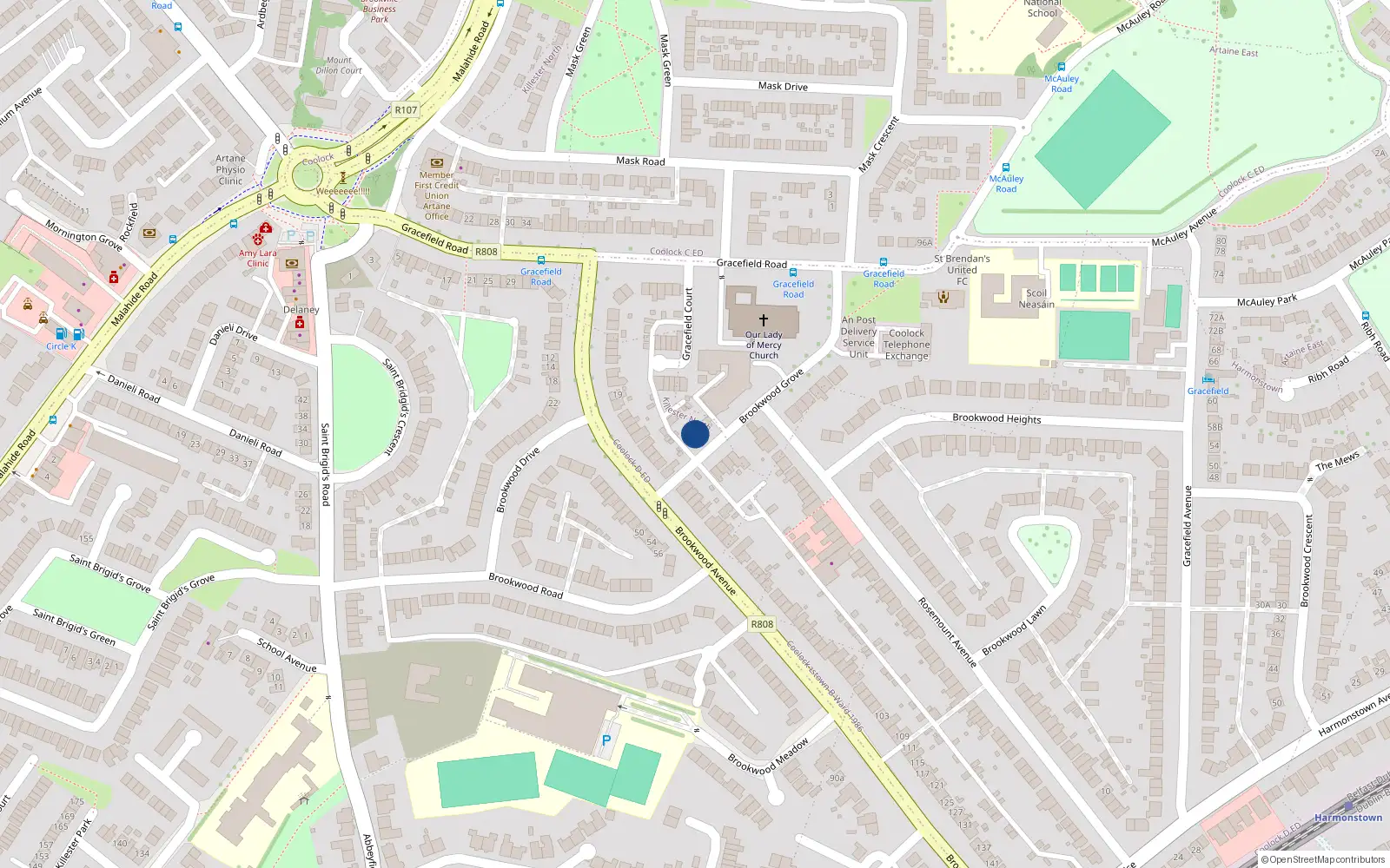Overhead map showing the location of 1 Brookwood Grove, Dublin 5