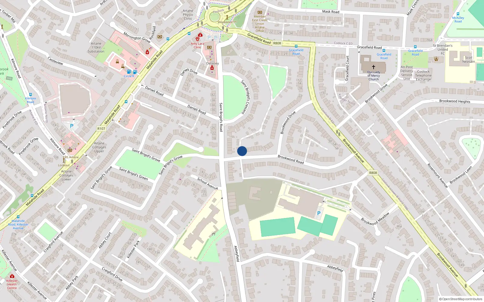Overhead map showing the location of 1 Brookwood Road, Dublin 5