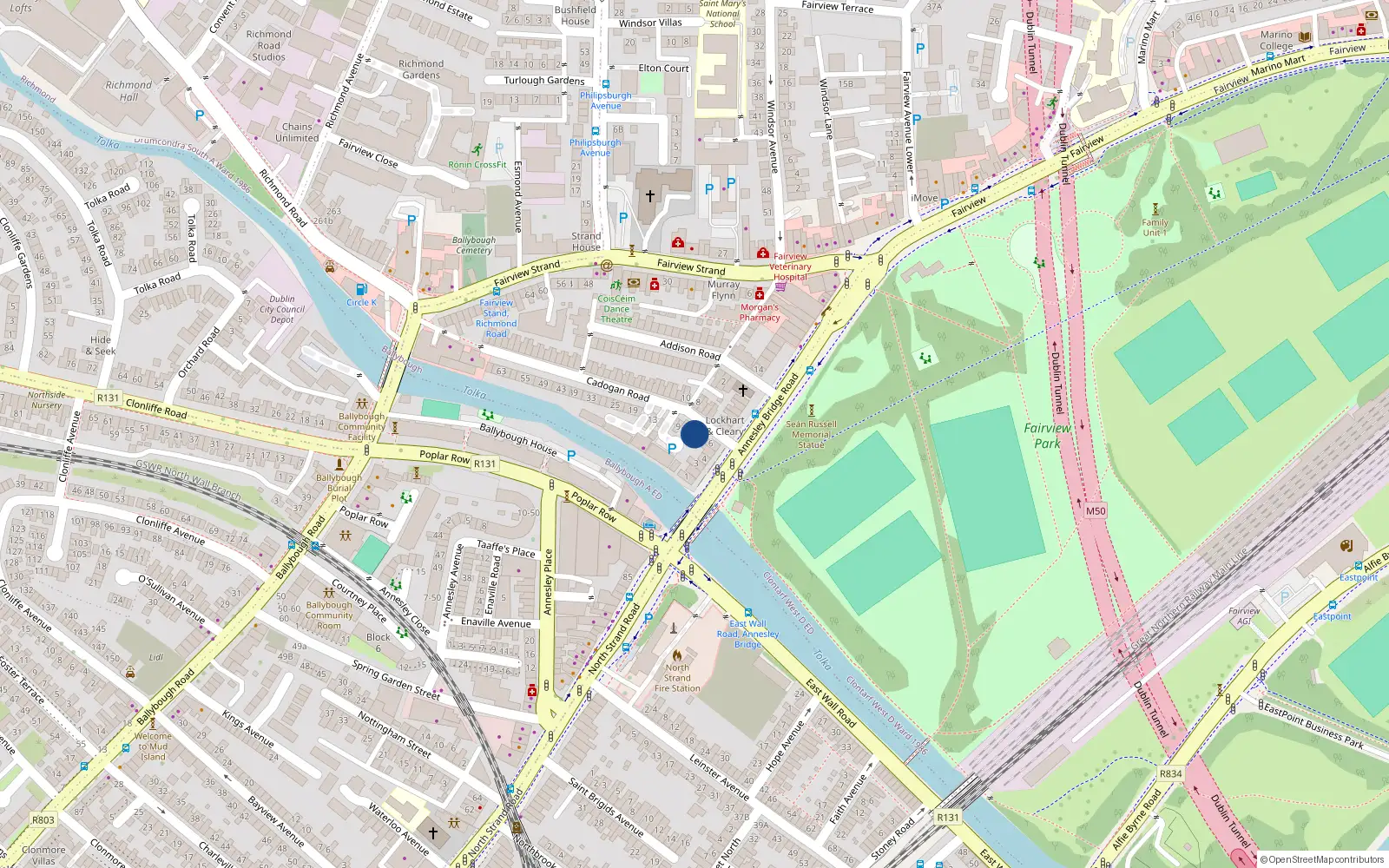 Overhead map showing the location of 1 Cadogan Road, Fairview, Dublin 3