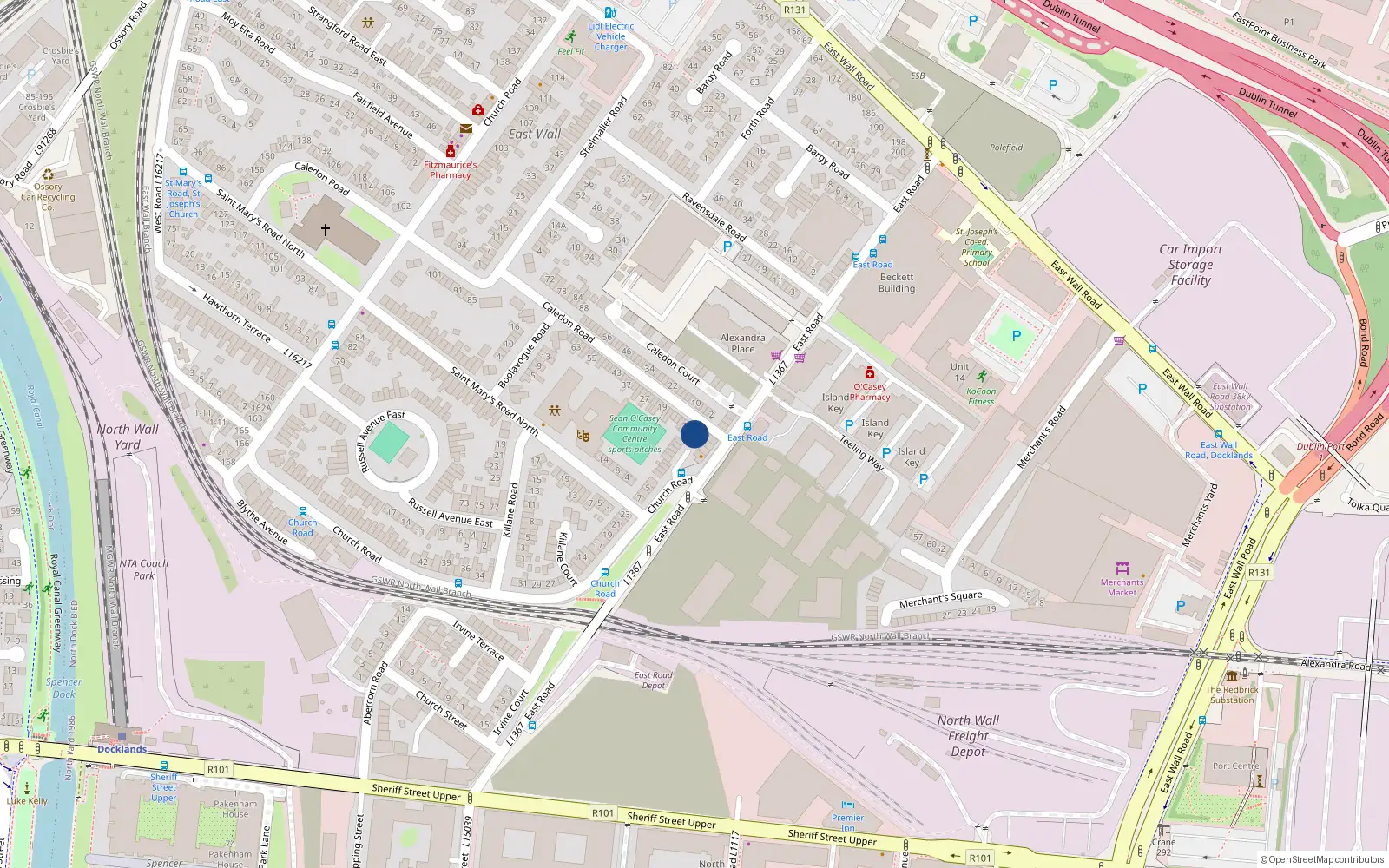 Overhead map showing the location of 1 Caledon Road, East Wall, Dublin 3