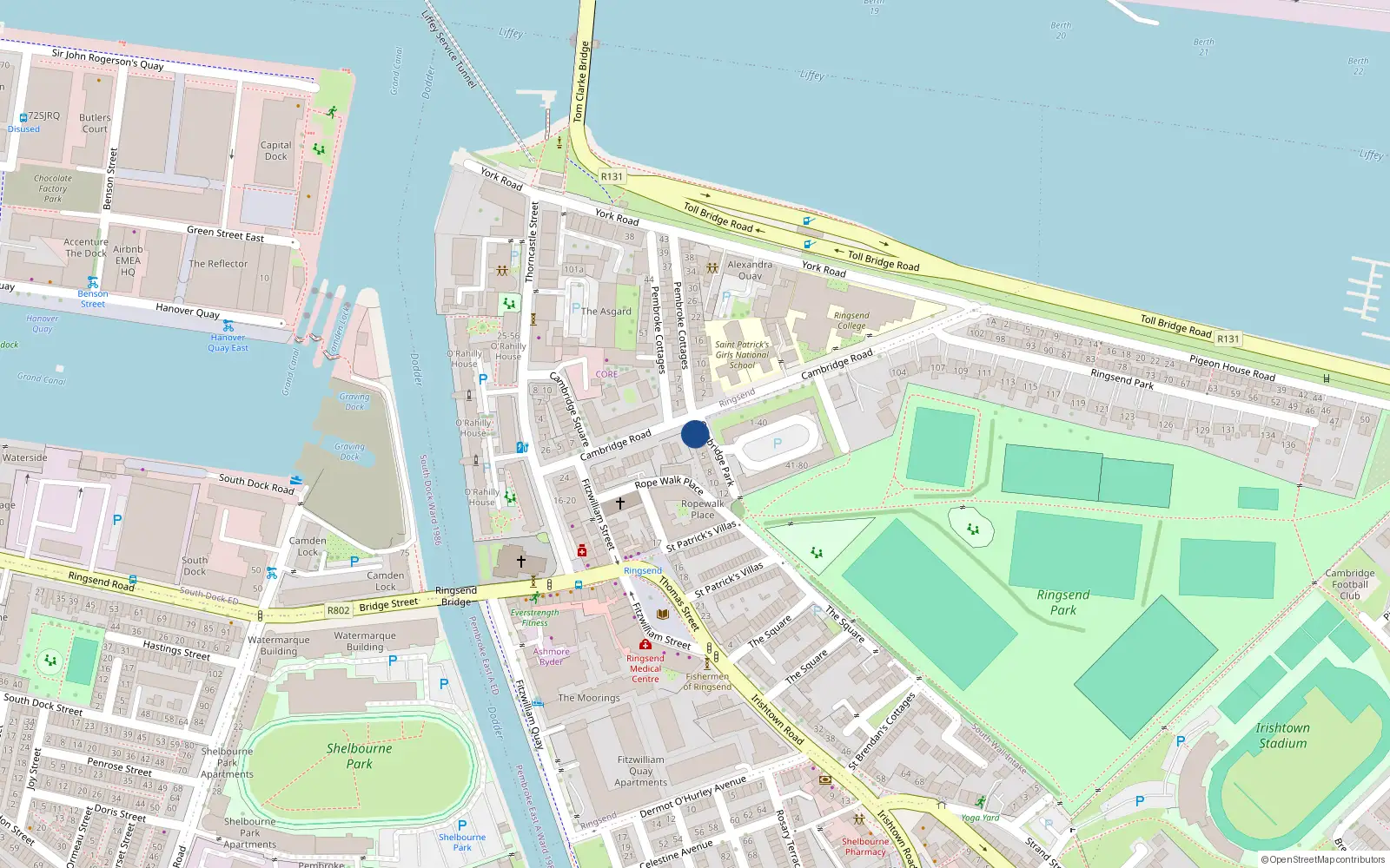 Overhead map showing the location of 1 Cambridge Park, Ringsend