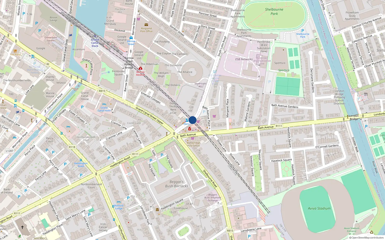 Overhead map showing the location of 1 Camden Lock, South Lotts Road, Ringsend