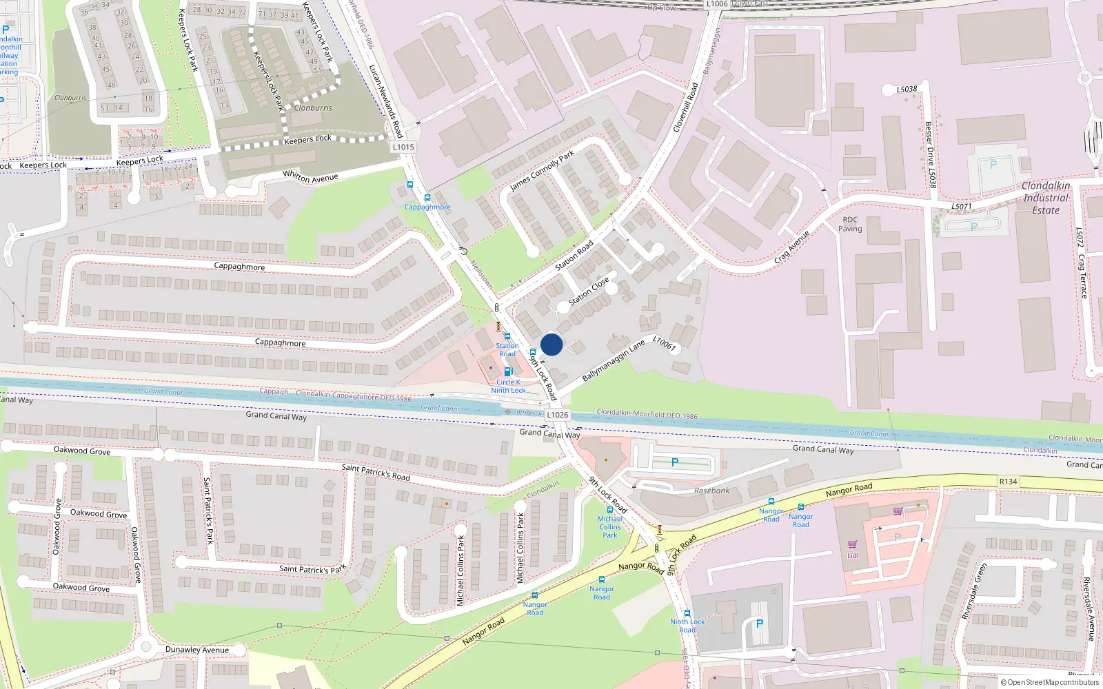 Overhead map showing the location of 1 Canal Way, Clondalkin