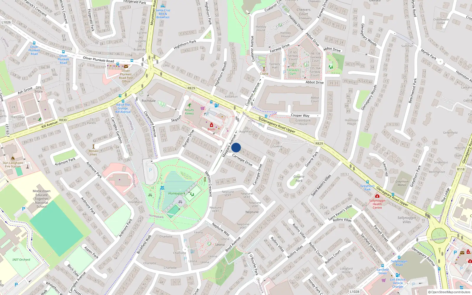Overhead map showing the location of 1 Carnegie Drive, Dun Laoghaire