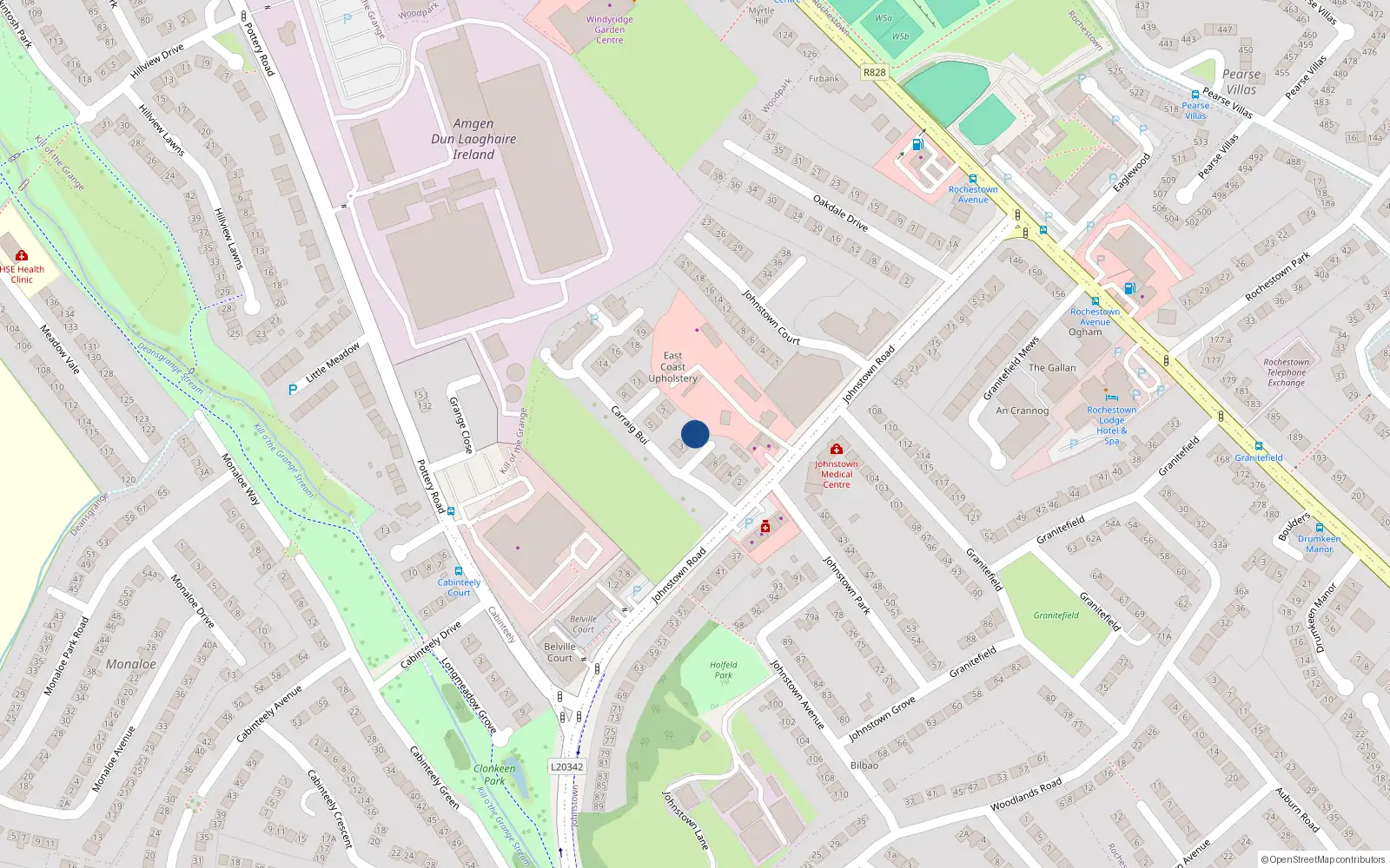 Overhead map showing the location of 1 Carraig Bui, Baile Átha Cliath