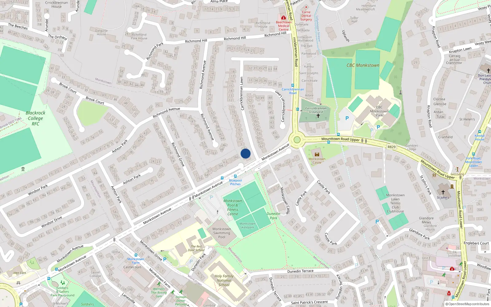 Overhead map showing the location of 1 Carrickbrennan Lawn, Monkstown