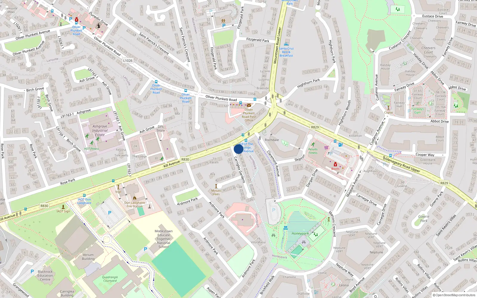 Overhead map showing the location of 1 Carriglea Gardens, Kill Avenue, Dun Laoghaire