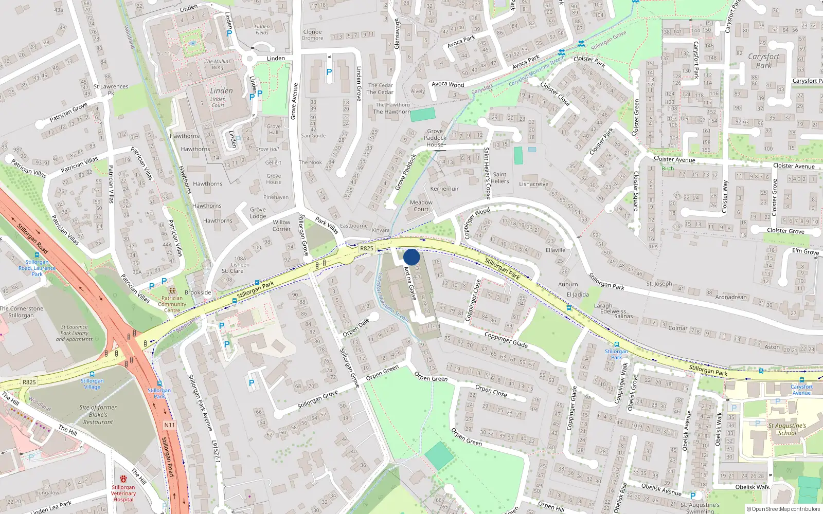 Overhead map showing the location of 1 Carysfort Ard na Glaise, Stillorgan