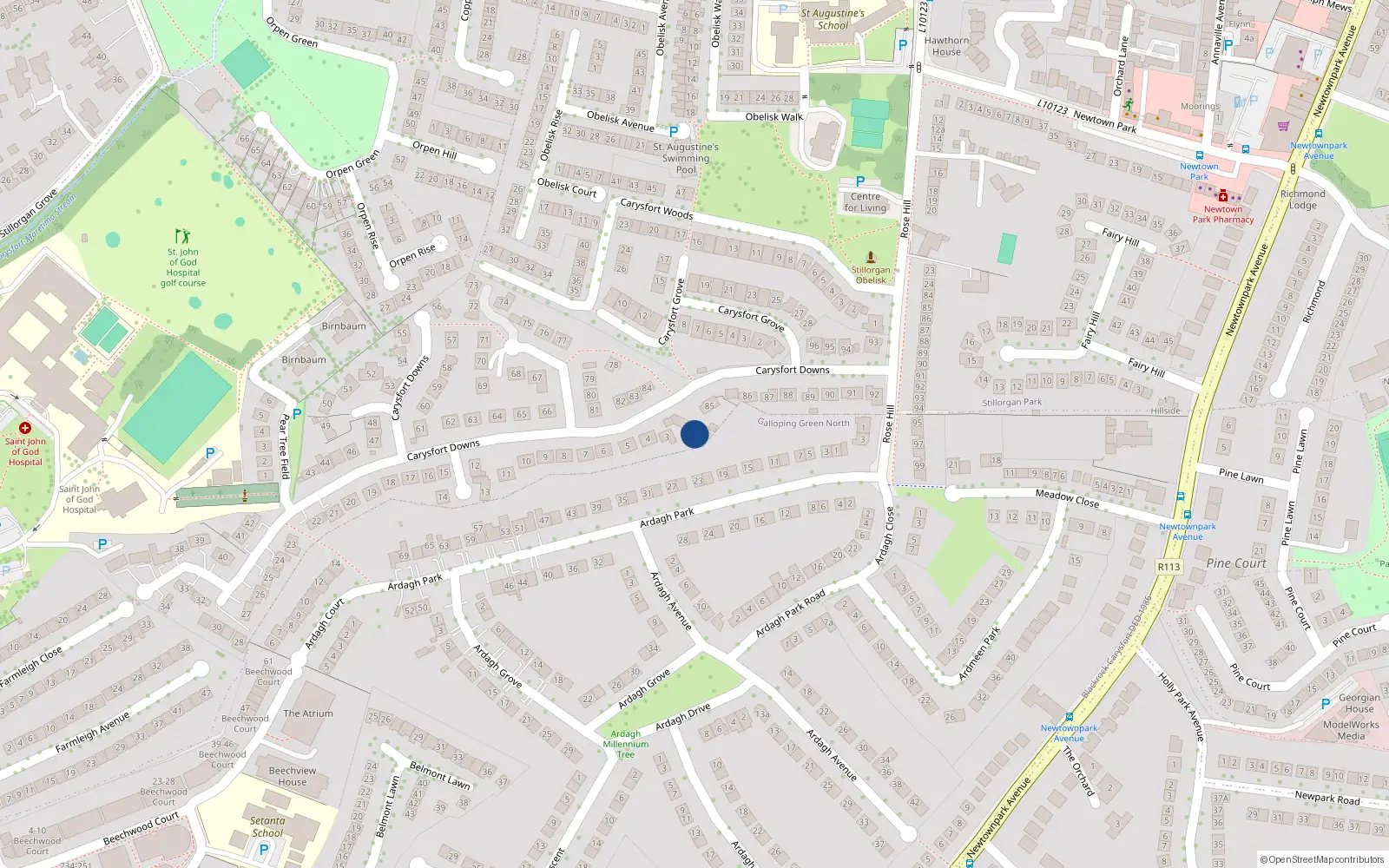 Overhead map showing the location of 1 Carysfort Downs, Blackrock, Dublin