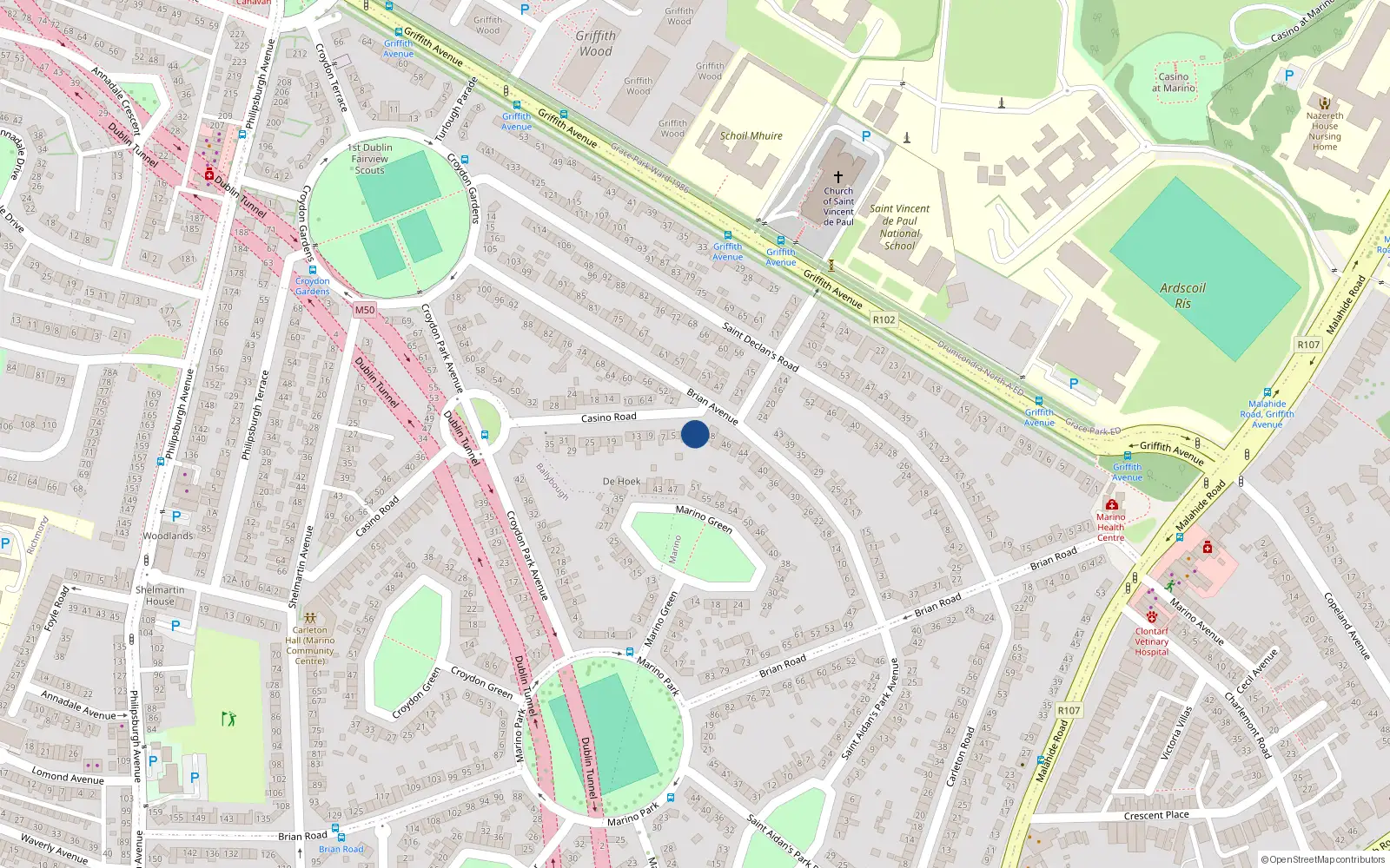 Overhead map showing the location of 1 Casino Road, Marino, Dublin 3