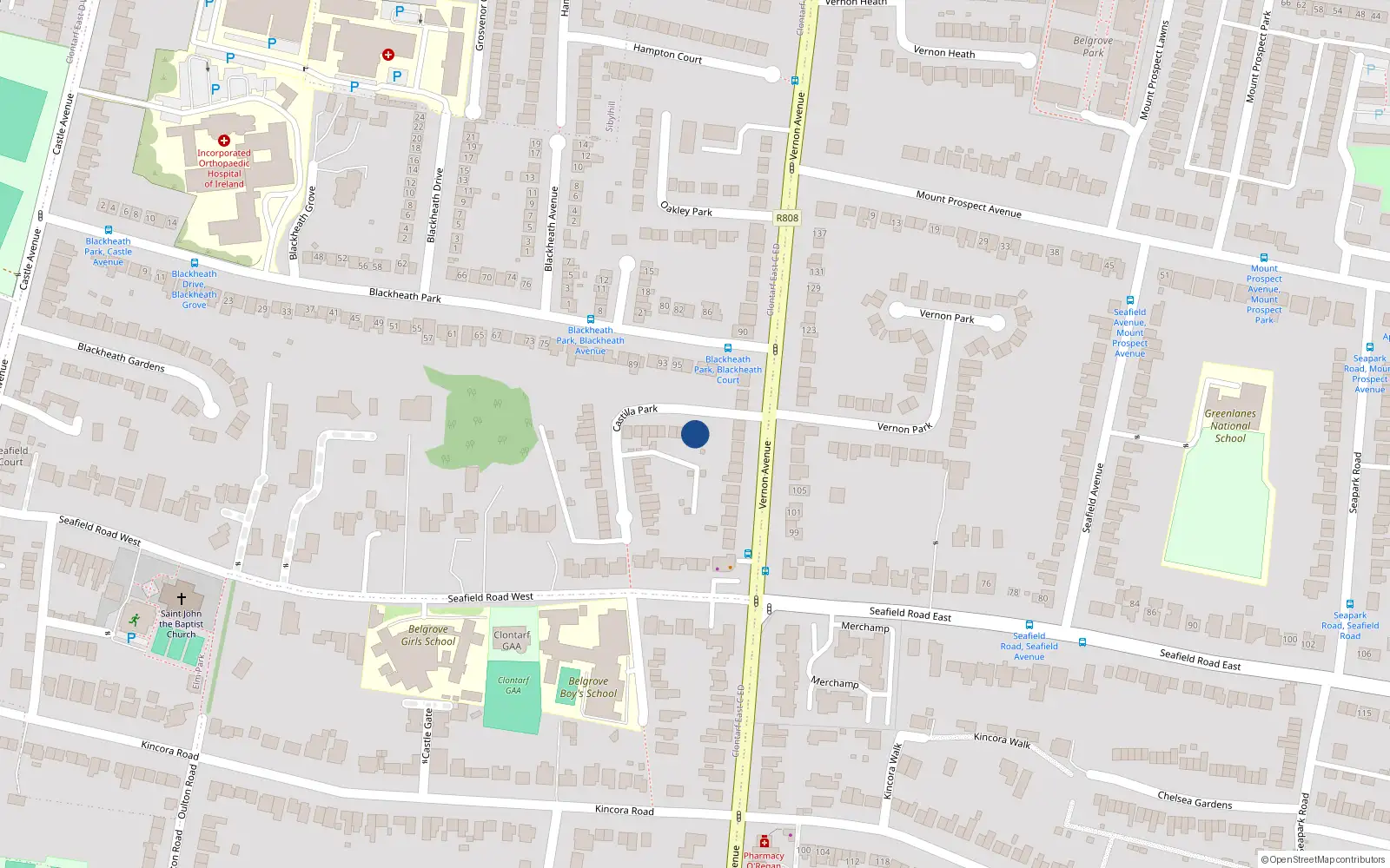 Overhead map showing the location of 1 Castilla Park, Clontarf, Dublin 3
