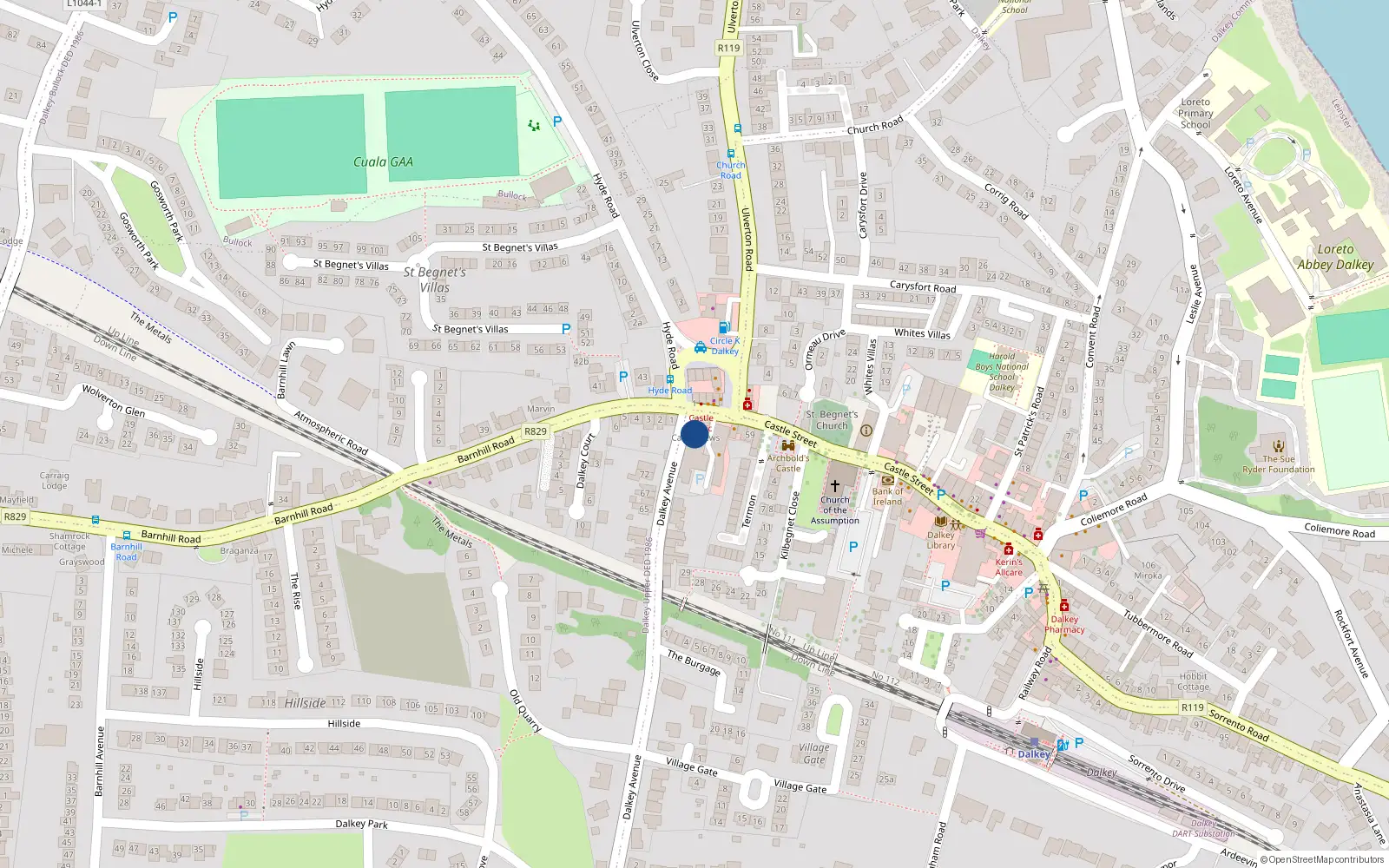 Overhead map showing the location of 1 Castle Mews, Castle Street, Dalkey