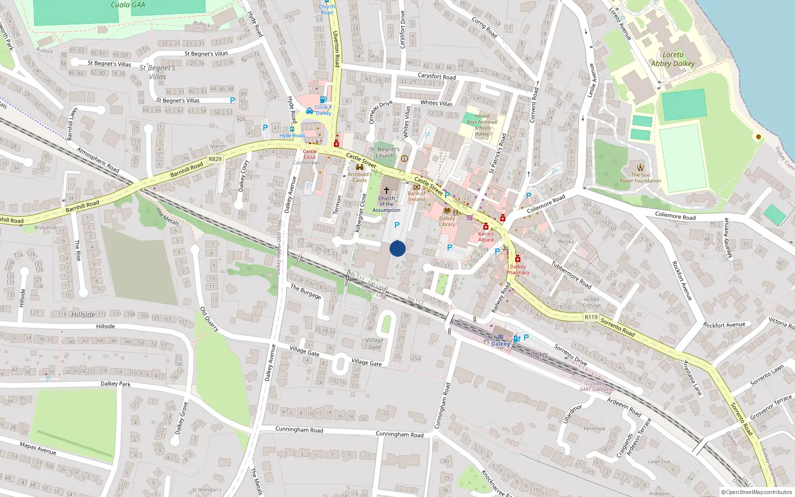 Overhead map showing the location of 1 Castle Villas, Dalkey