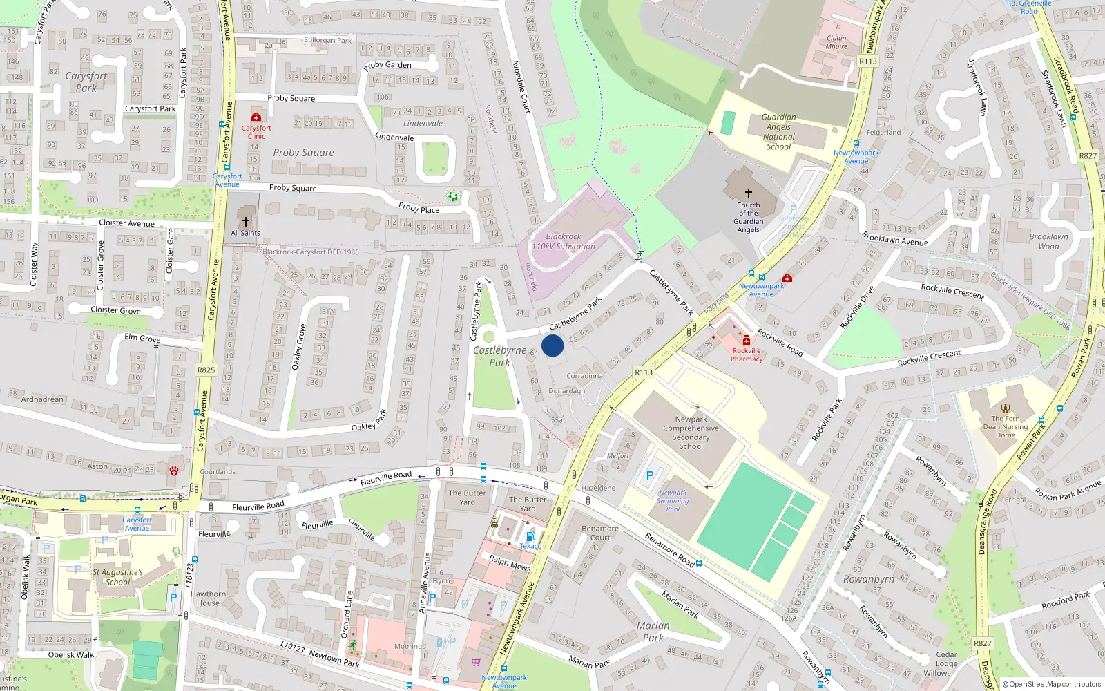 Overhead map showing the location of 1 Castlebyrne Park, Blackrock