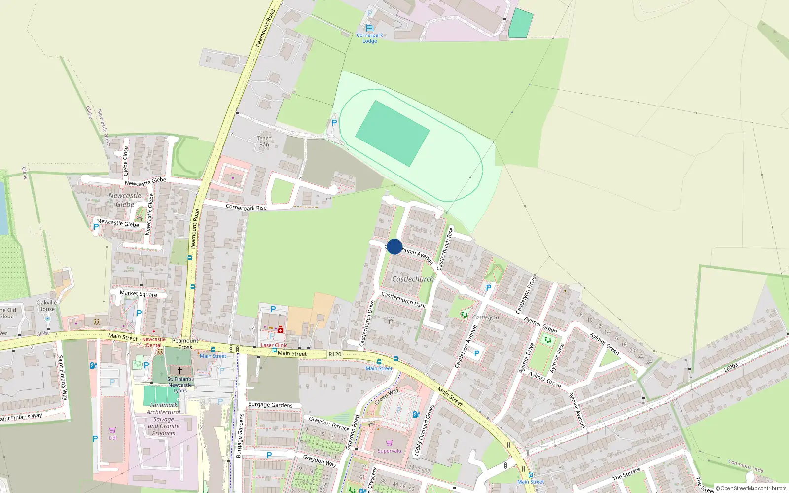 Overhead map showing the location of 1 Castlechurch Avenue, Cornerpark
