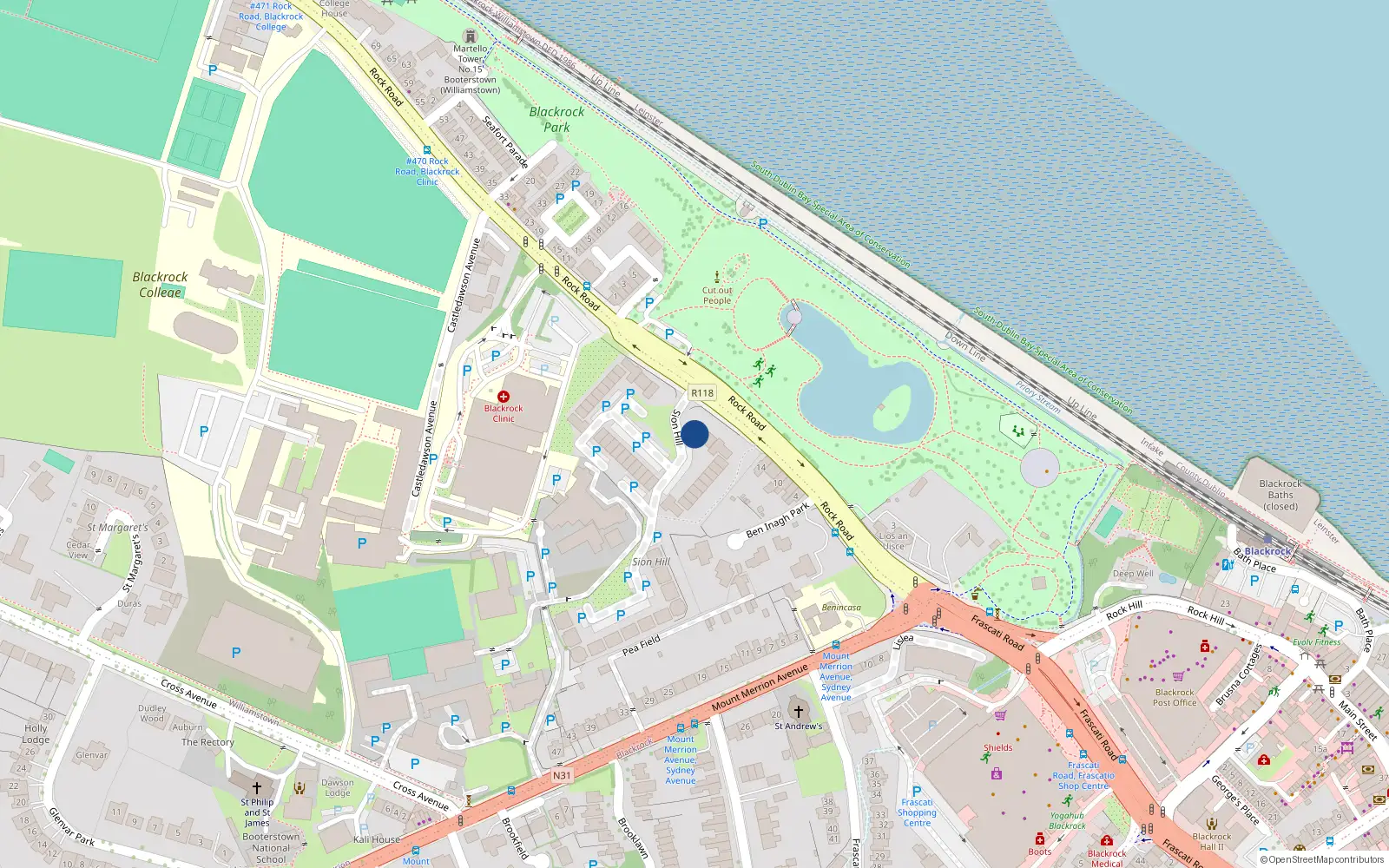 Overhead map showing the location of 1 Castledawson, Rock Road, Blackrock