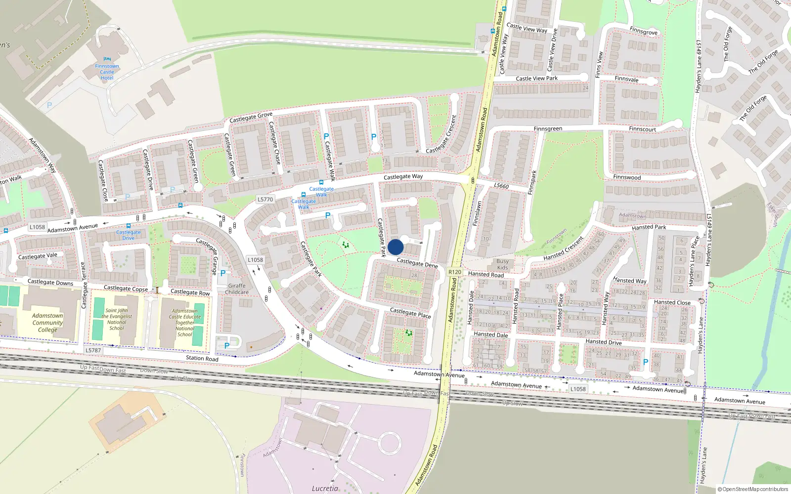 Overhead map showing the location of 1 Castlegate Dene, Adamstown, Dublin