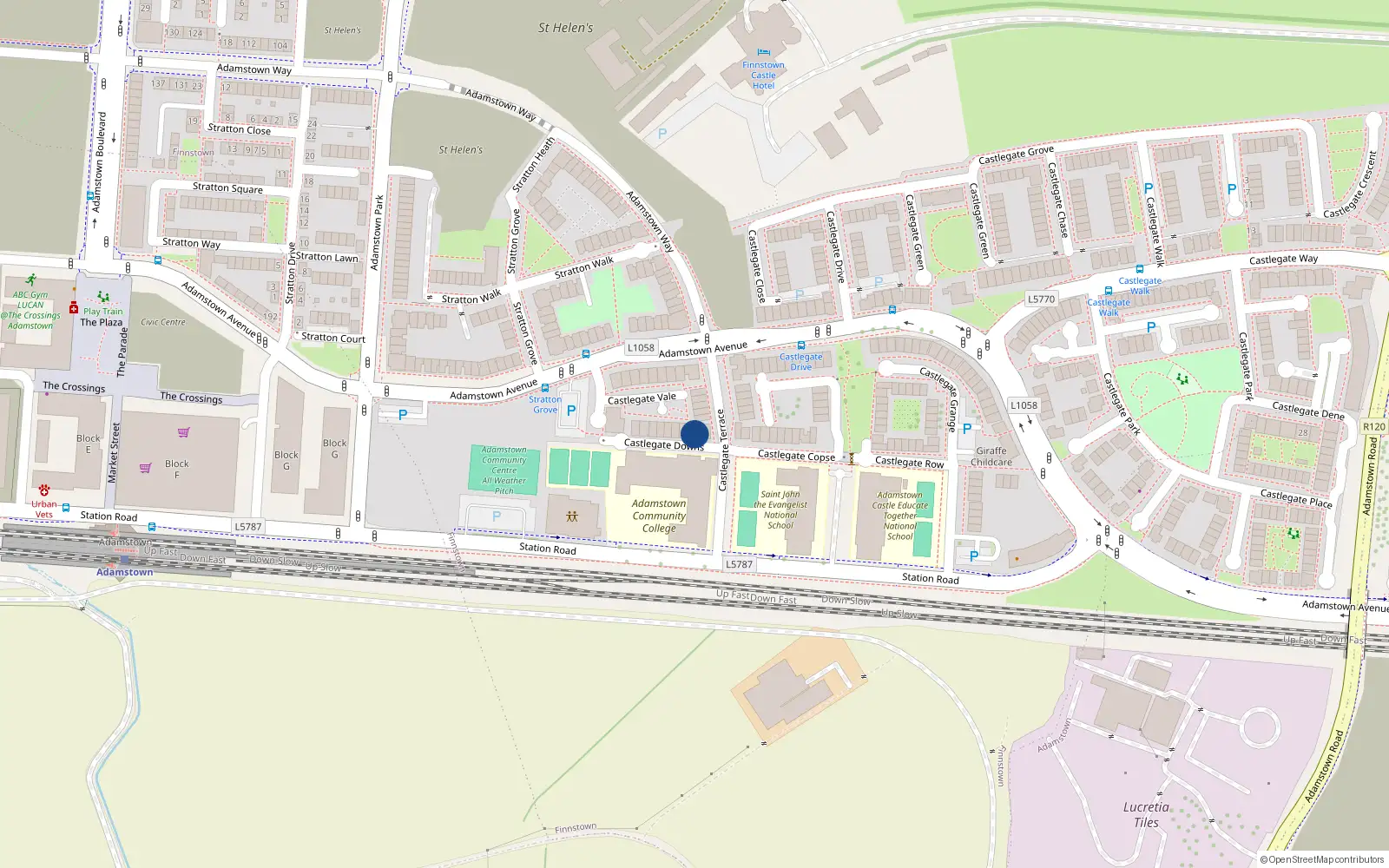 Overhead map showing the location of 1 Castlegate Downs, Adamstown, Lucan