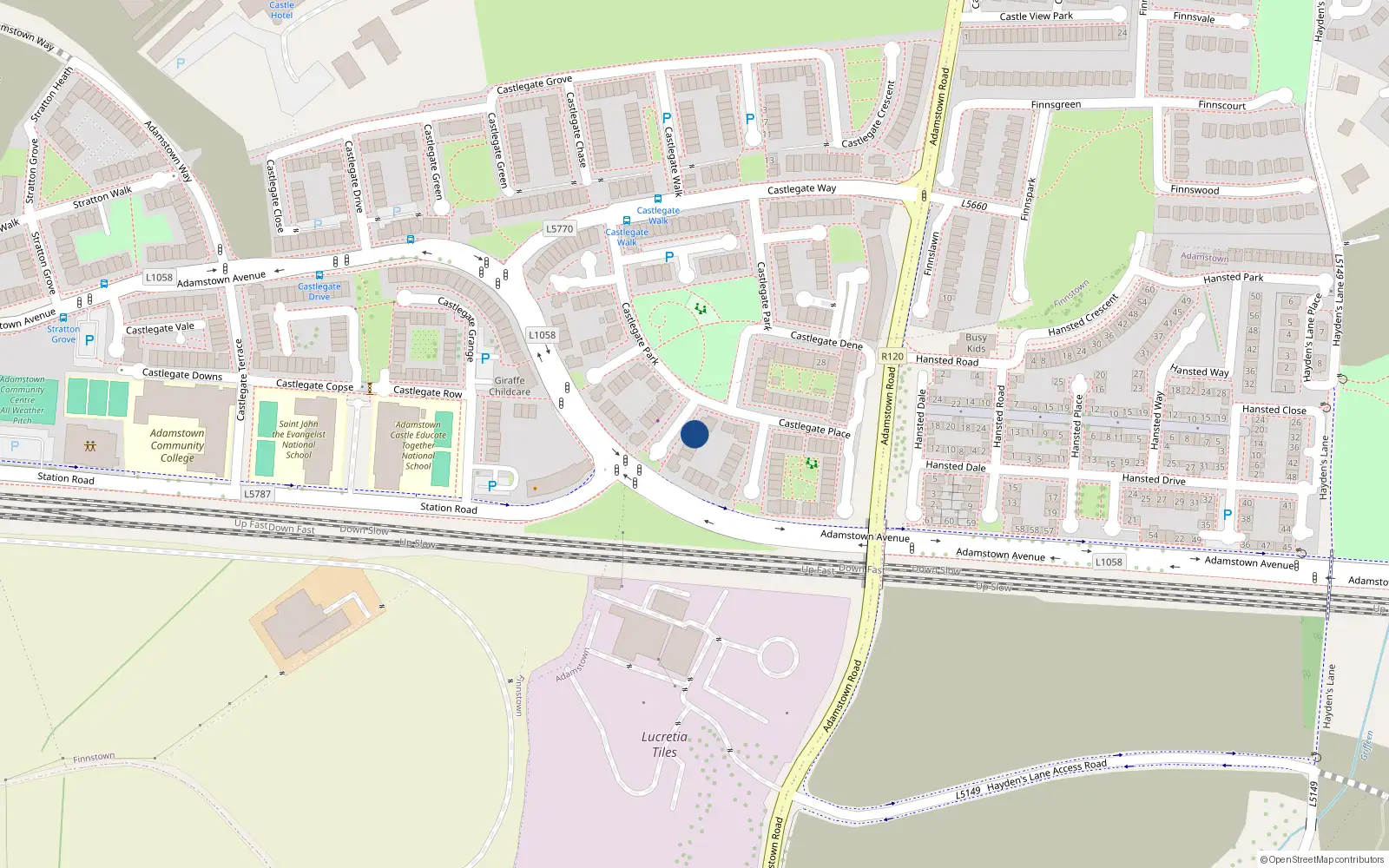 Overhead map showing the location of 1 Castlegate Lawn, Adamstown, Lucan