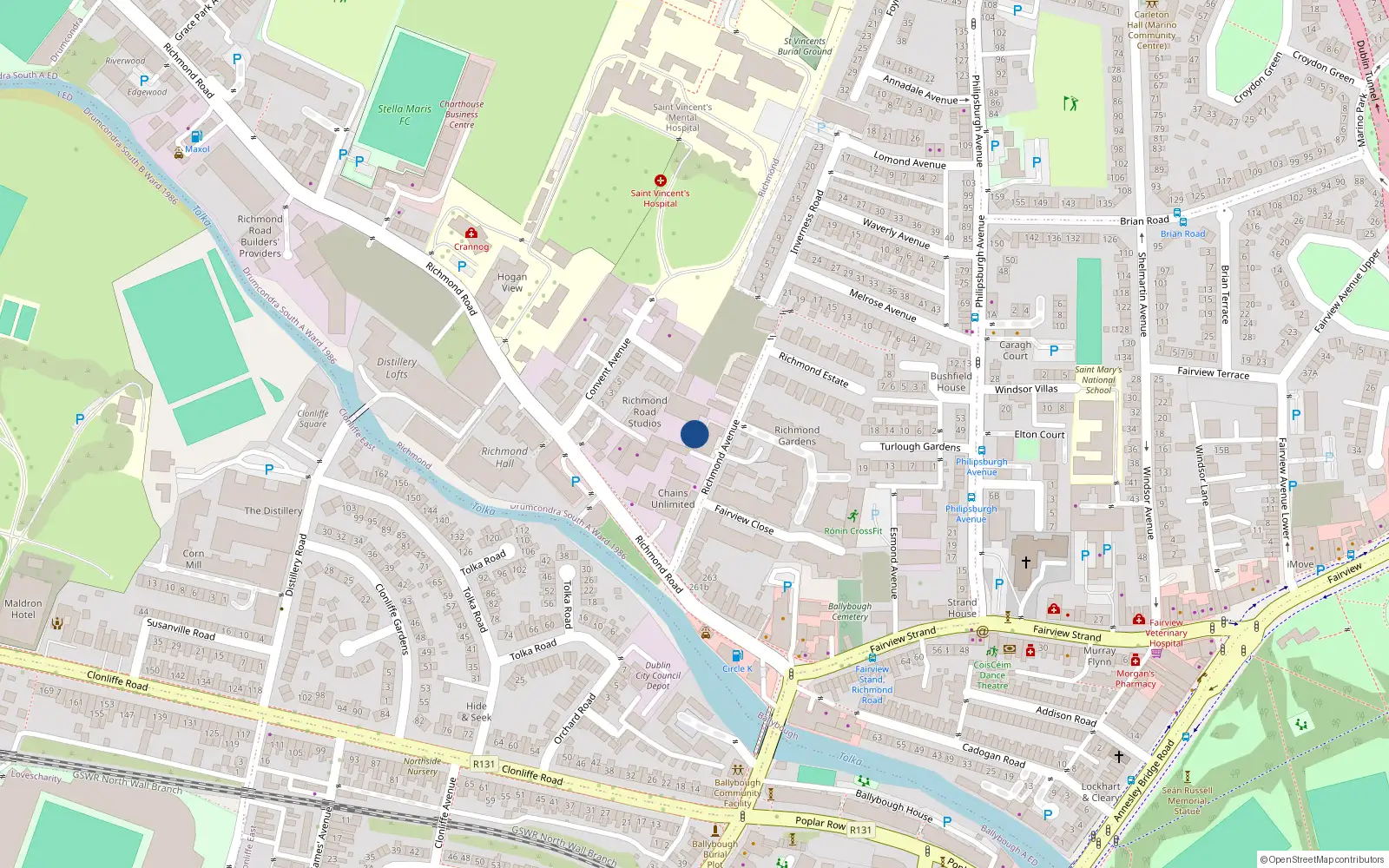 Overhead map showing the location of 1 Chamberlain Court, Richmond Avenue, Fairview Dublin 3