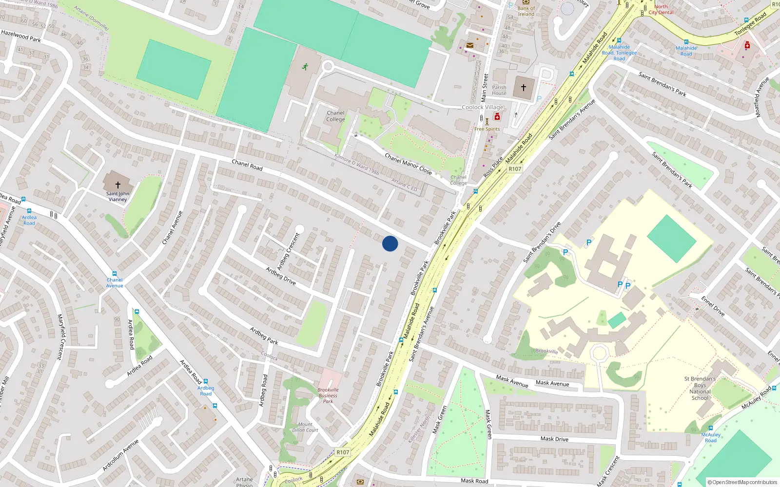 Overhead map showing the location of 1 Chanel Road, Artane, Dublin 5