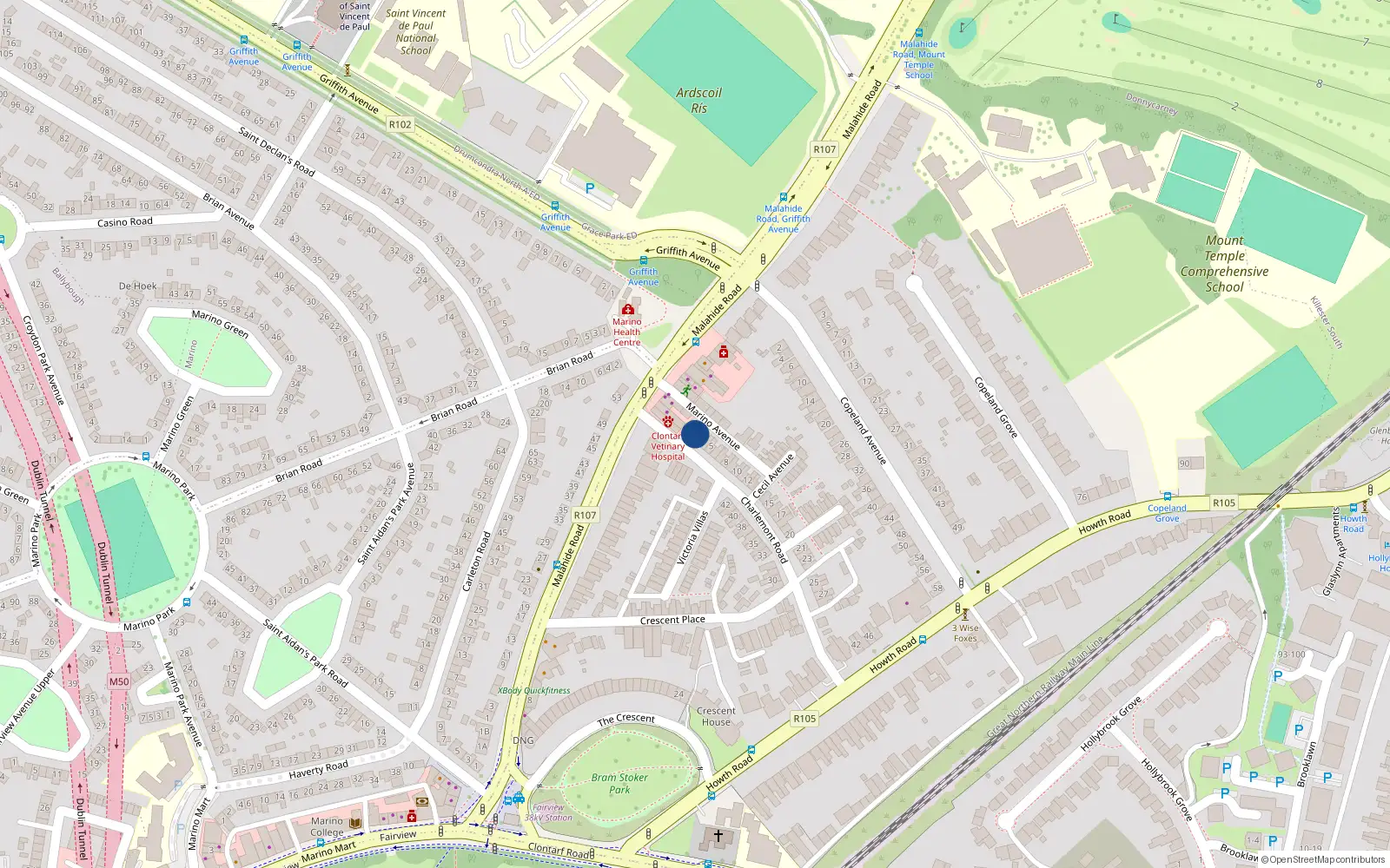 Overhead map showing the location of 1 Charlemont Road, Dublin 3