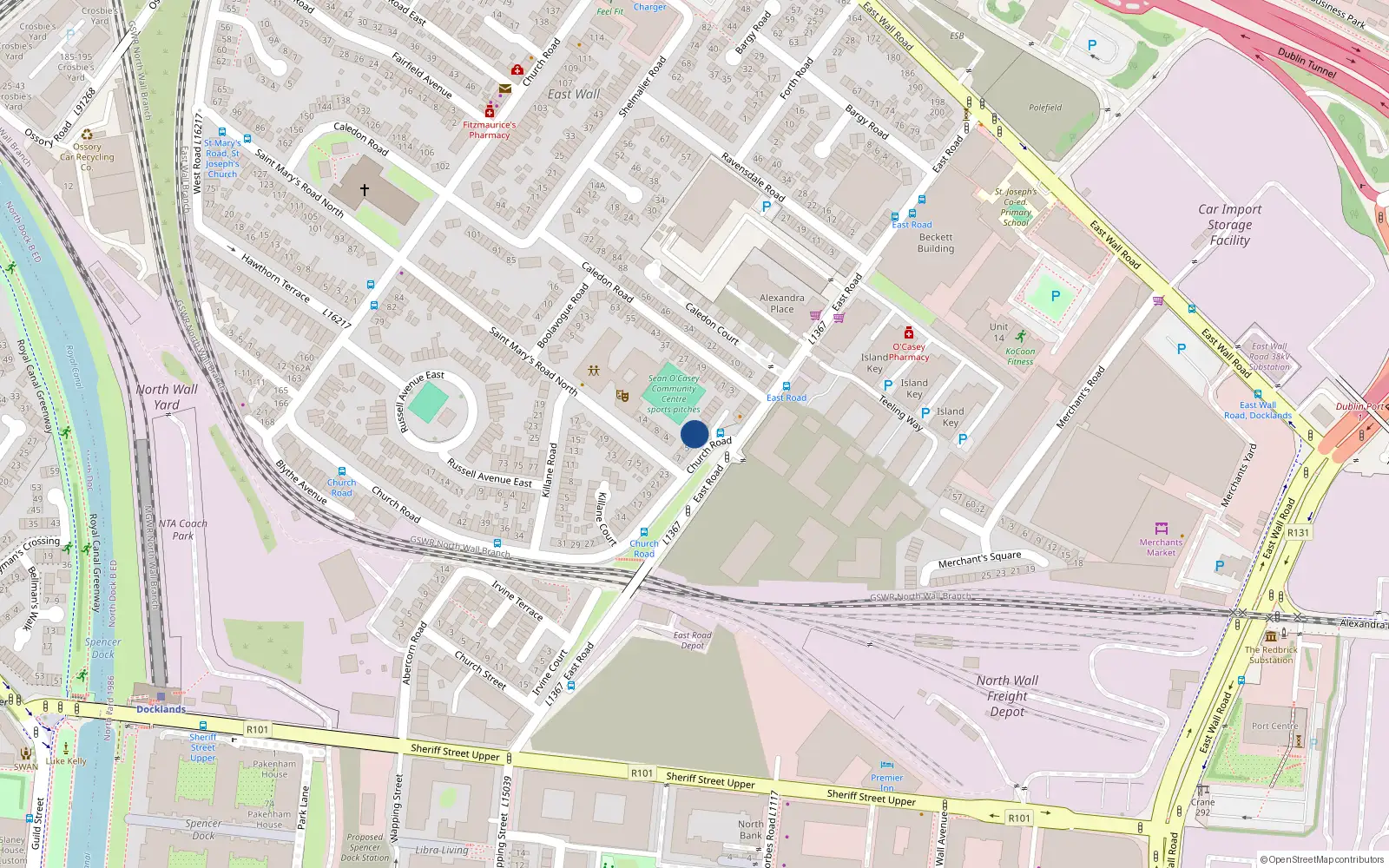 Overhead map showing the location of 1 Church Court, Church Road, East Wall Dublin 3