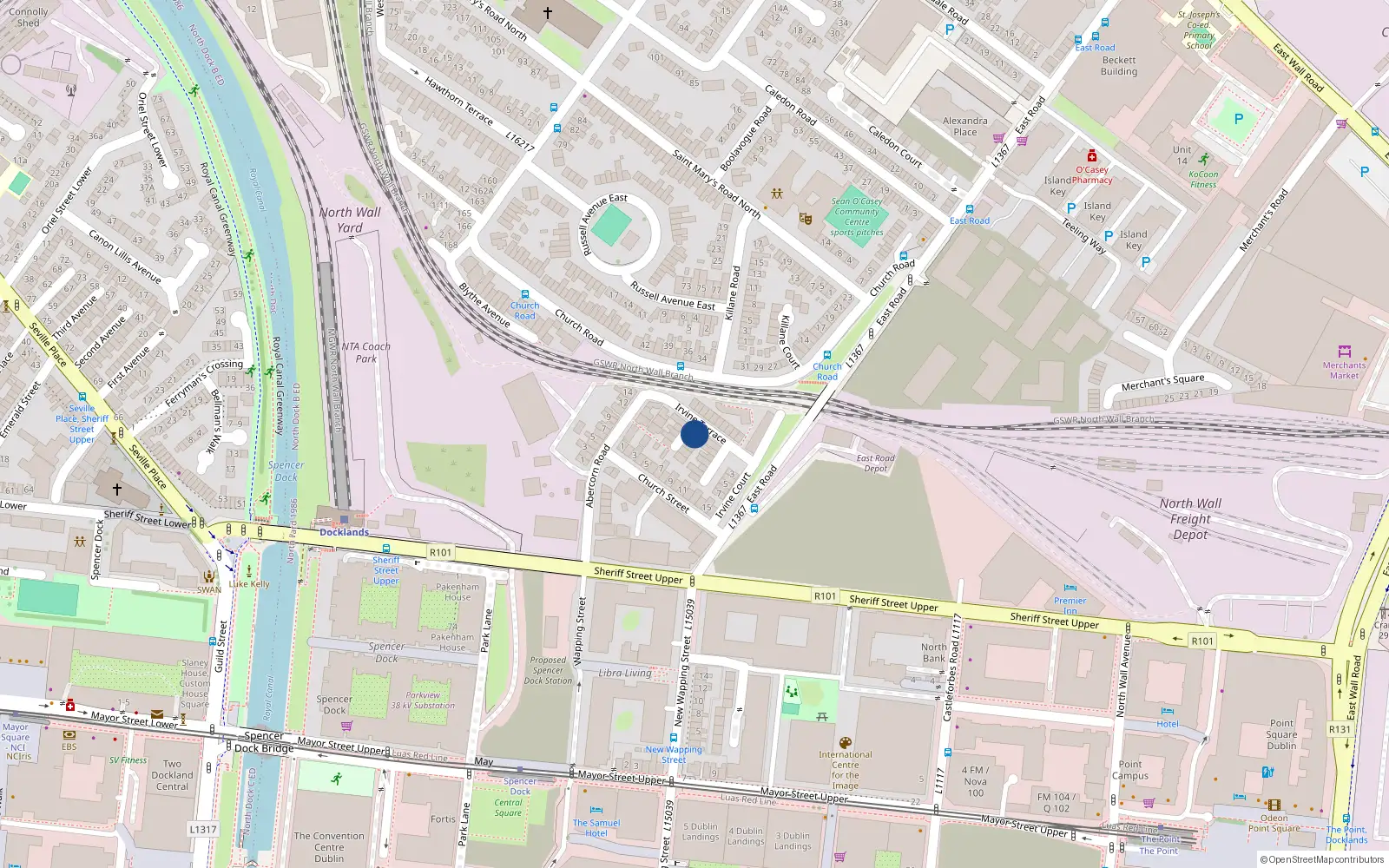 Overhead map showing the location of 1 Church Place, East Wall, Dublin 3
