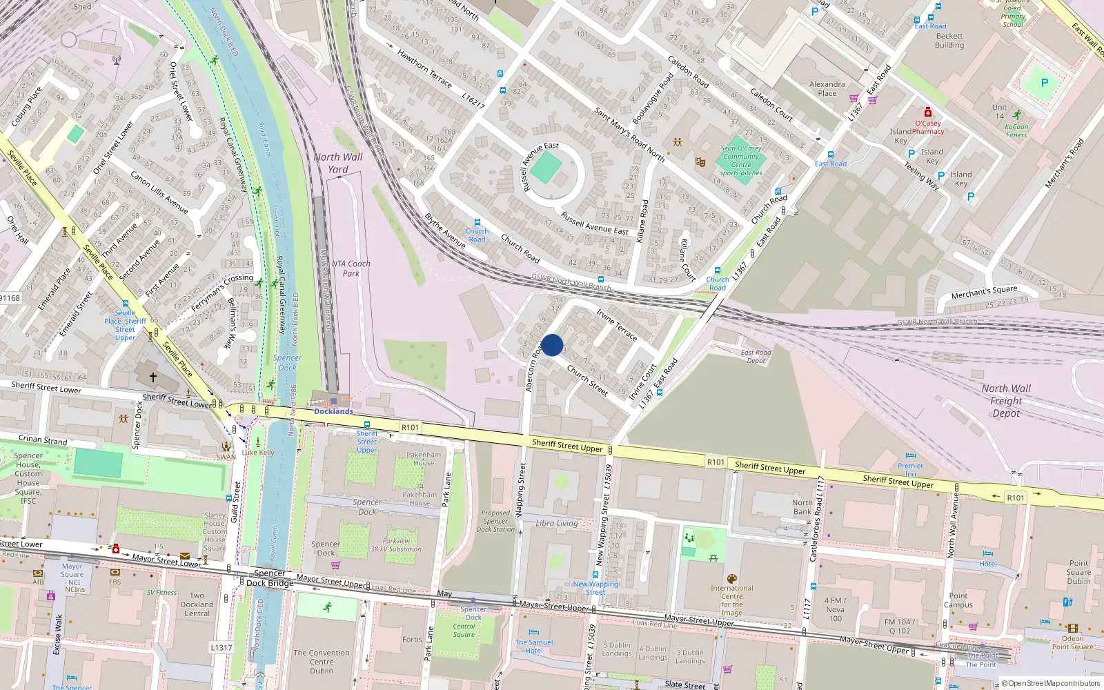 Overhead map showing the location of 1 Church St, East Wall, Dublin 3