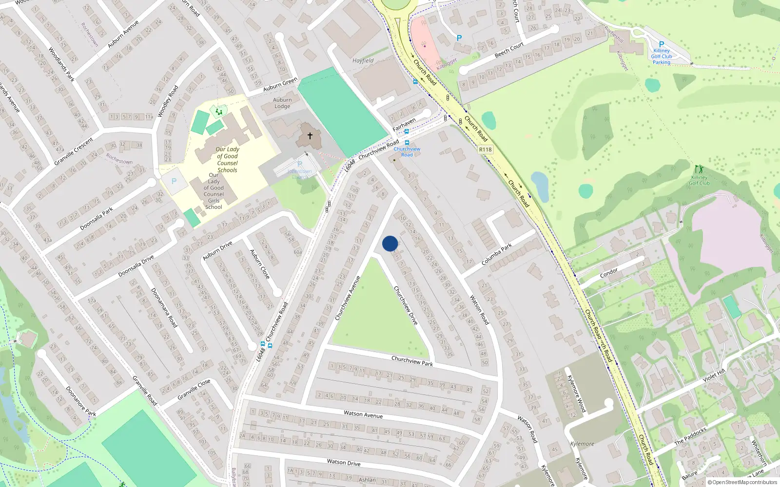 Overhead map showing the location of 1 Churchview Drive, Killiney