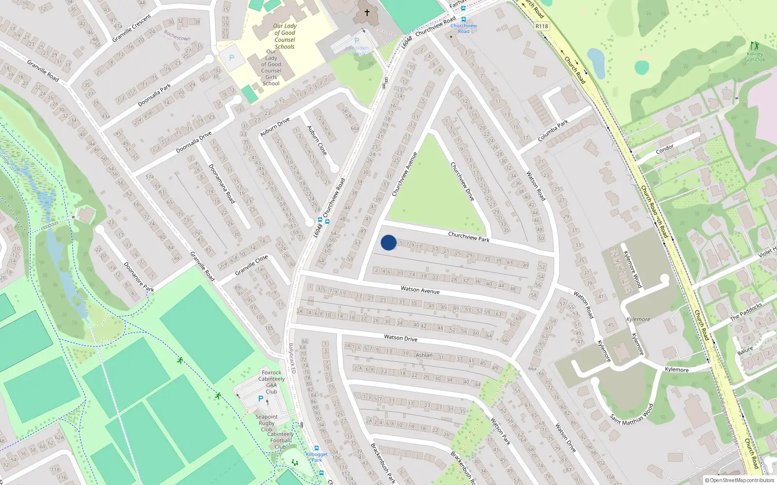 Overhead map showing the location of 1 Churchview Park, Killiney, Dublin