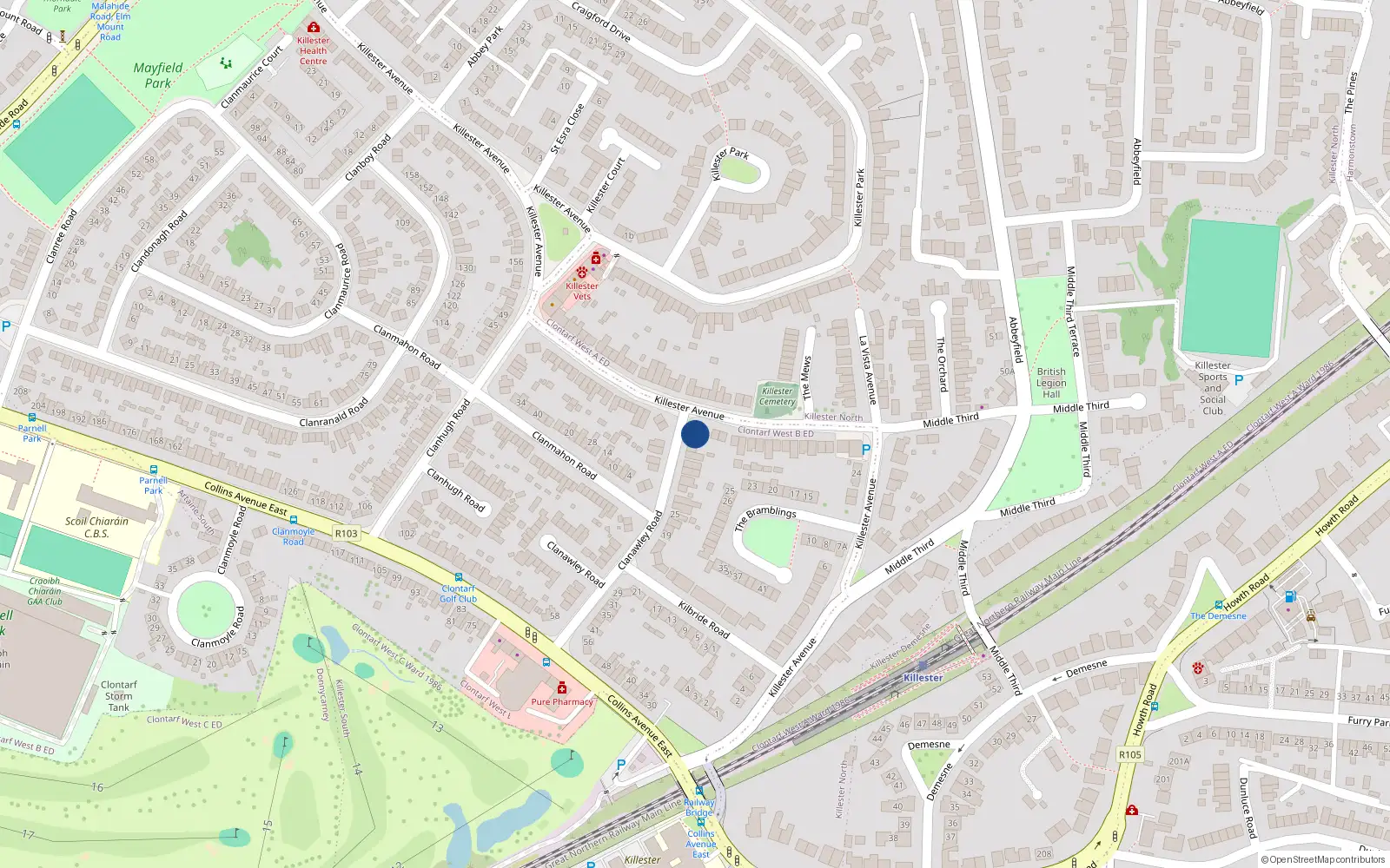 Overhead map showing the location of 1 Clanawley Road, Dublin 5