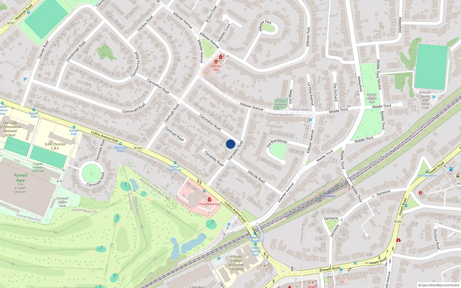 Overhead map showing the location of 1 Clanmahon Road, Dublin 5