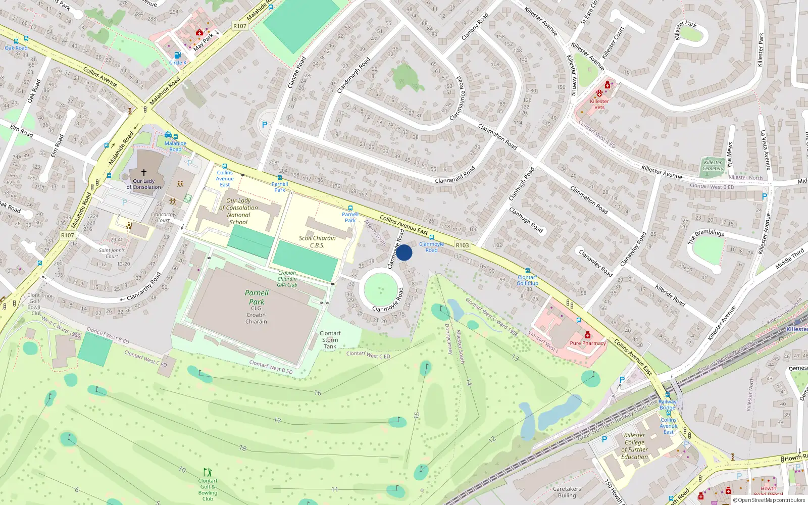 Overhead map showing the location of 1 Clanmoyle Road, Donnycarney, Dublin 5