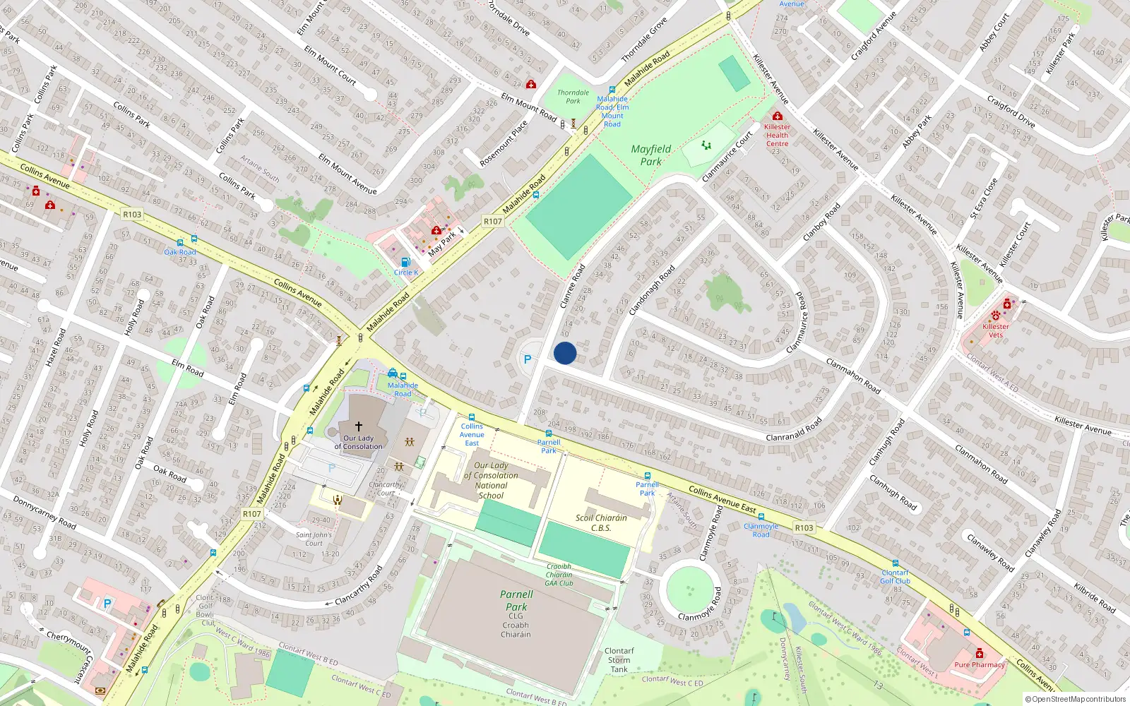 Overhead map showing the location of 1 Clanranald Road, Dublin 5