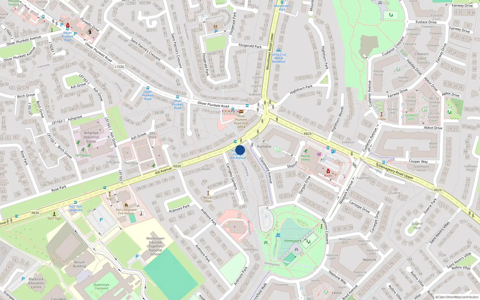 Overhead map showing the location of 1 Claremont Avenue, Dun Laoghaire