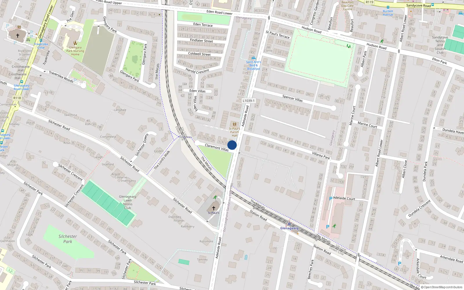 Overhead map showing the location of 1 Claremont Villas, Glenageary, Dublin