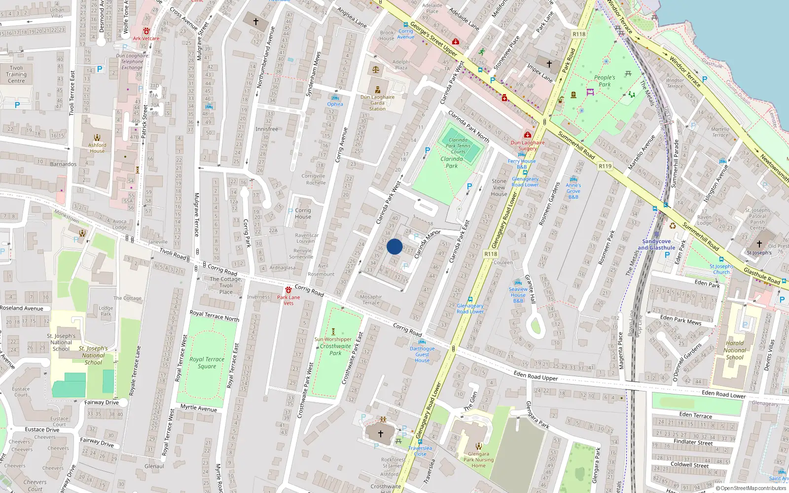Overhead map showing the location of 1 Clarinda Manor, Clarinda Park East, Dun Laoghaire