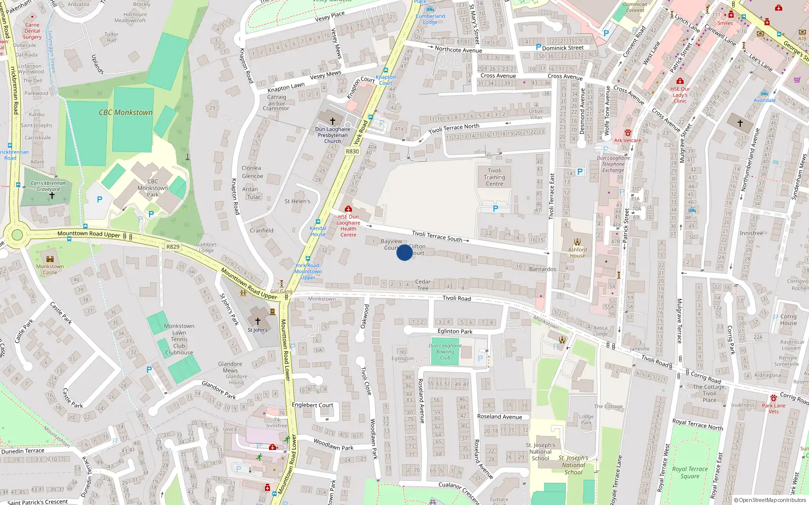 Overhead map showing the location of 1 Clifton Court, Tivoli Terrace South, Dun Laoghaire