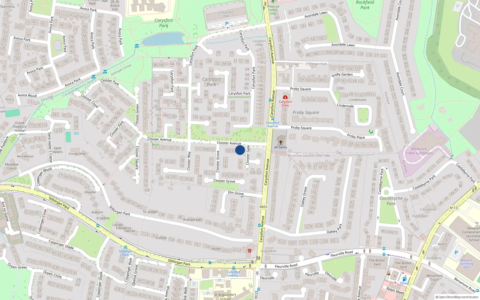 Overhead map showing the location of 1 Cloister Avenue, Blackrock