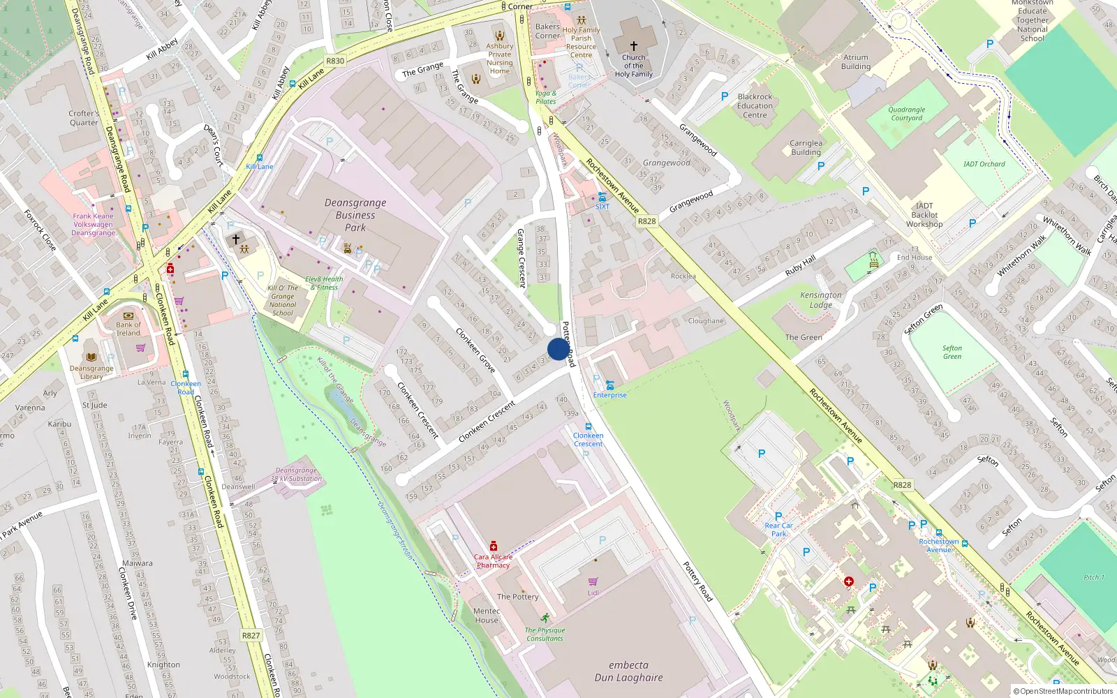 Overhead map showing the location of 1 Clonkeen Crescent, Dun Laoghaire