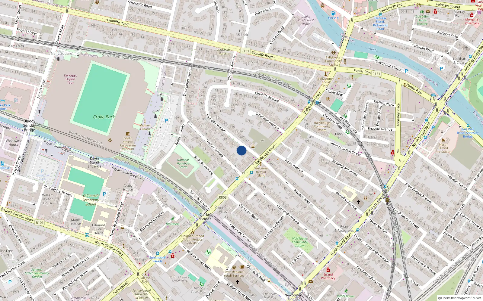 Overhead map showing the location of 1 Clonliffe Avenue, Ballybough, Dublin 3