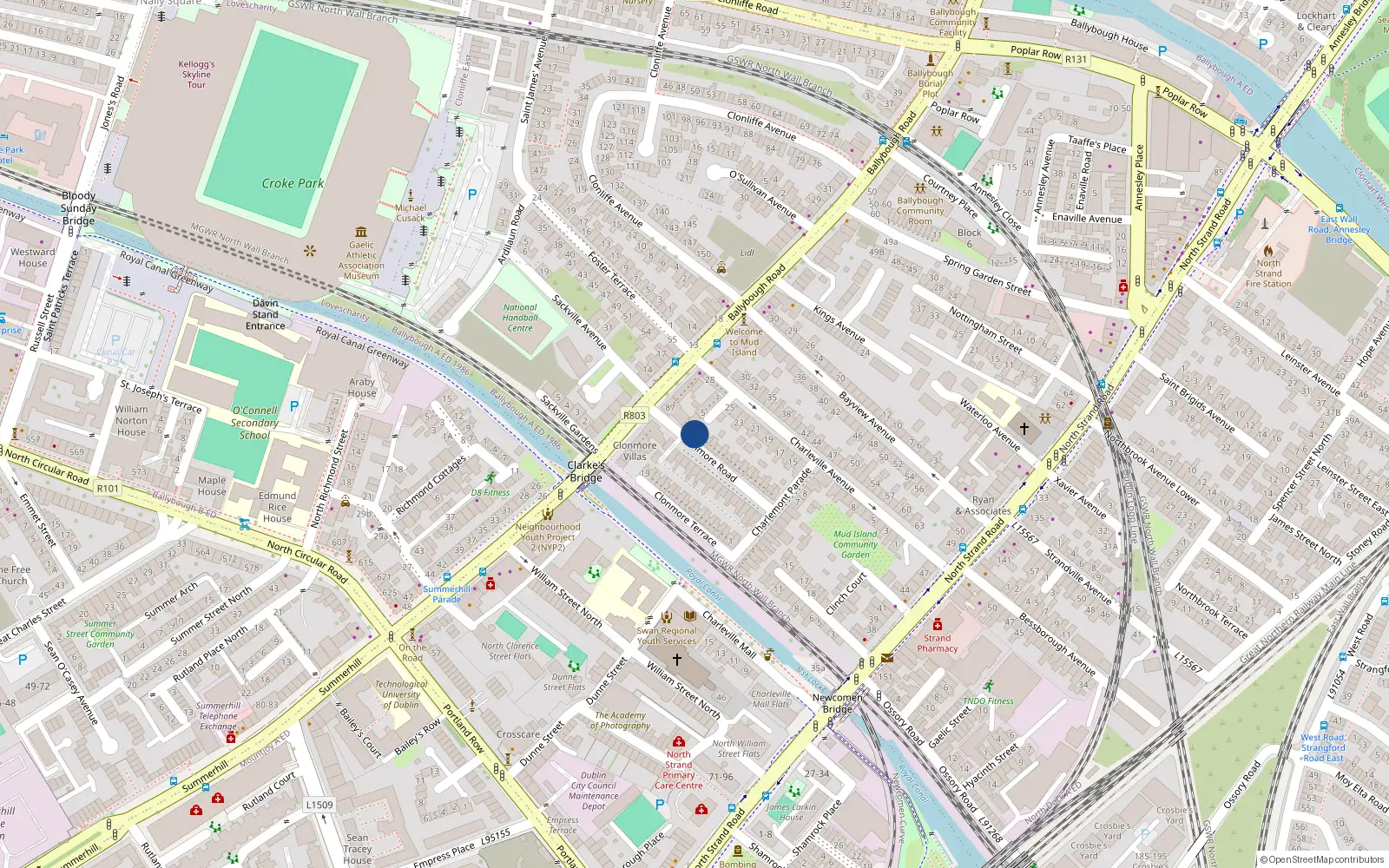 Overhead map showing the location of 1 Clonmore Road, North Strand, Dublin 3
