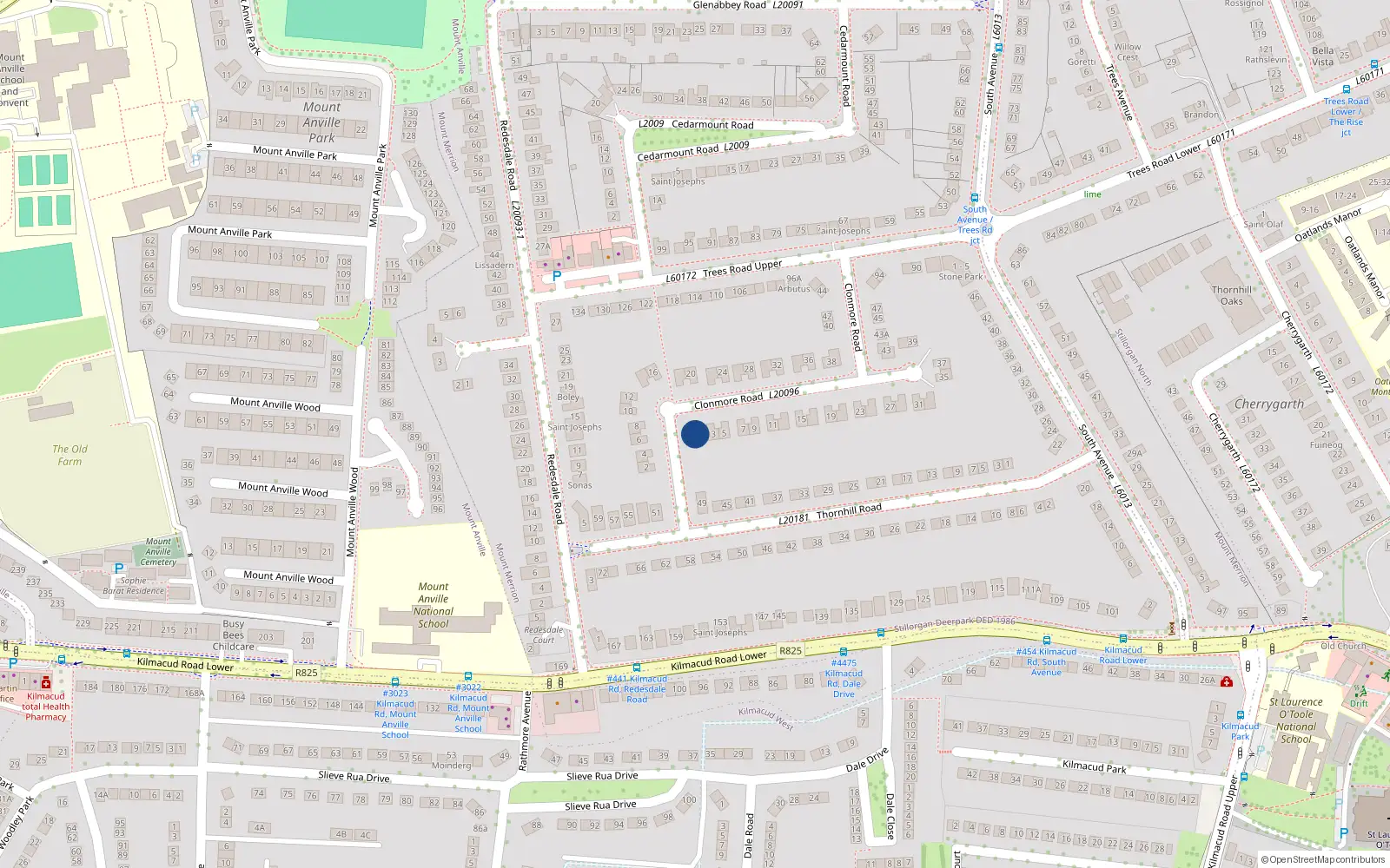 Overhead map showing the location of 1 Clonmore Road, Blackrock