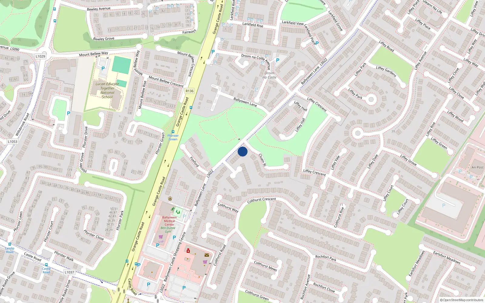 Overhead map showing the location of 1 Cluain Na Rí, Lucan