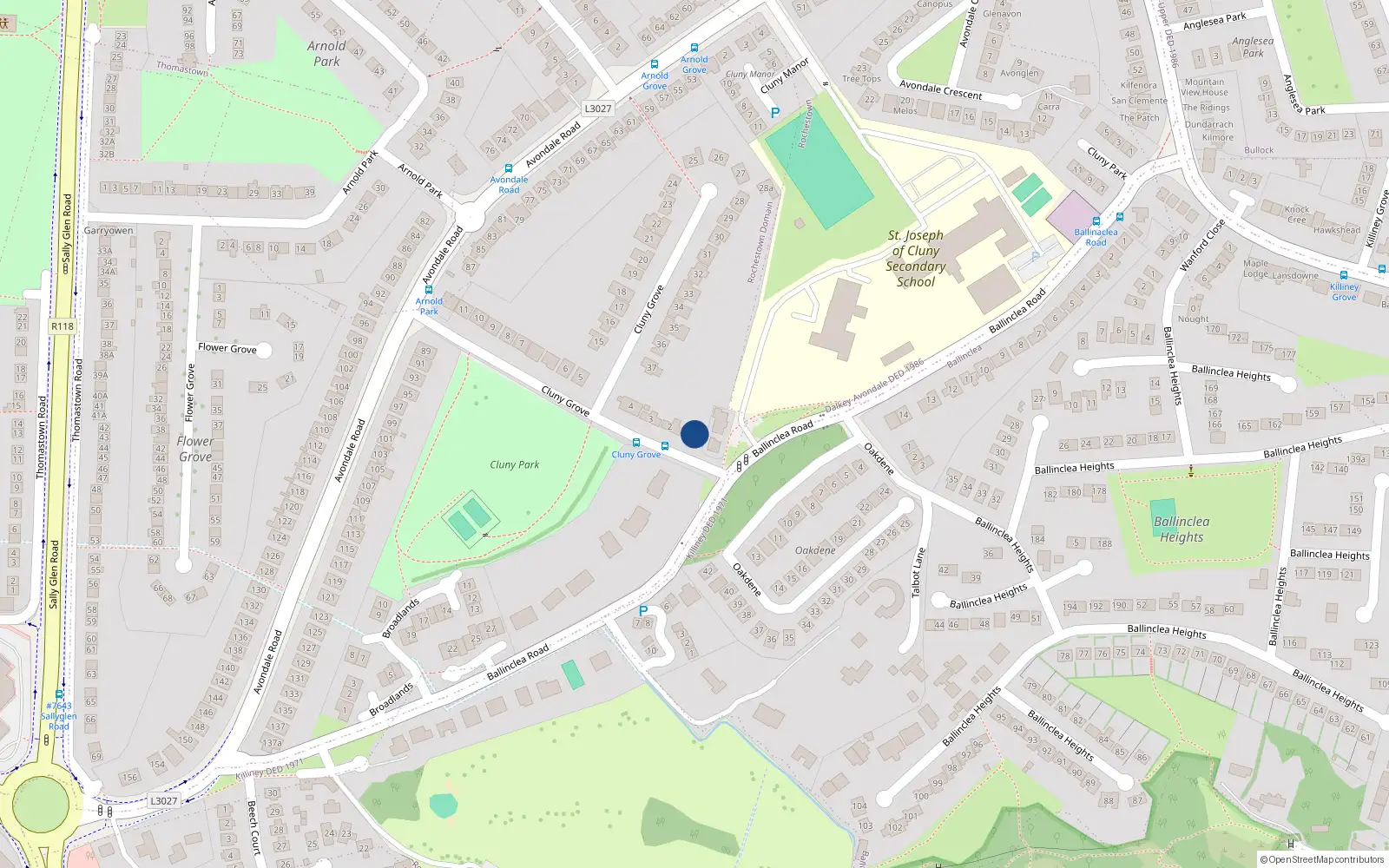 Overhead map showing the location of 1 Cluny Grove, Killiney